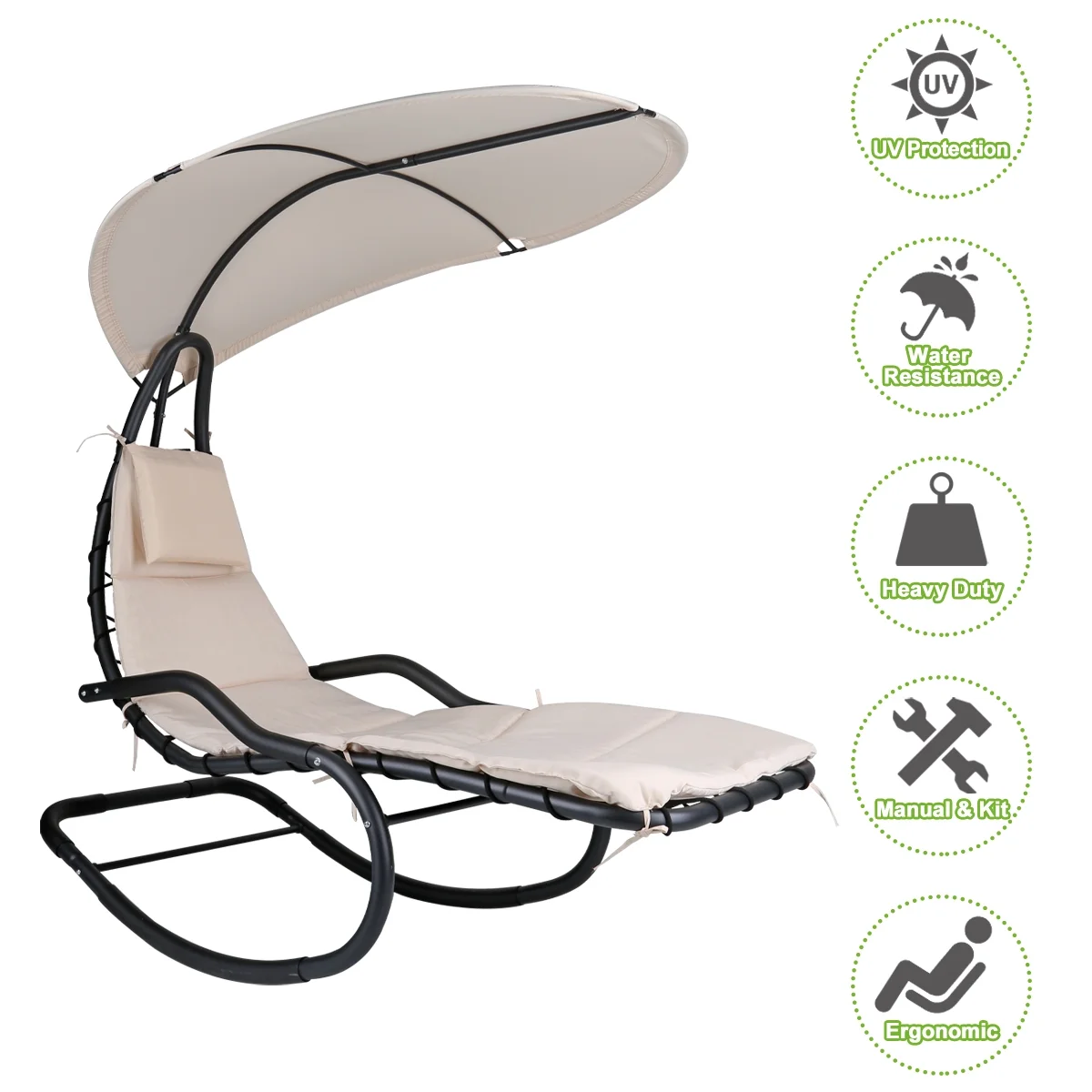 2X Rocking Hanging Lounge Chair - Curved Chaise Rocking Lounge Chair Swing For Backyard Patio w/ Built-in Pillow Removable Canopy with stand {Green} - Image 29