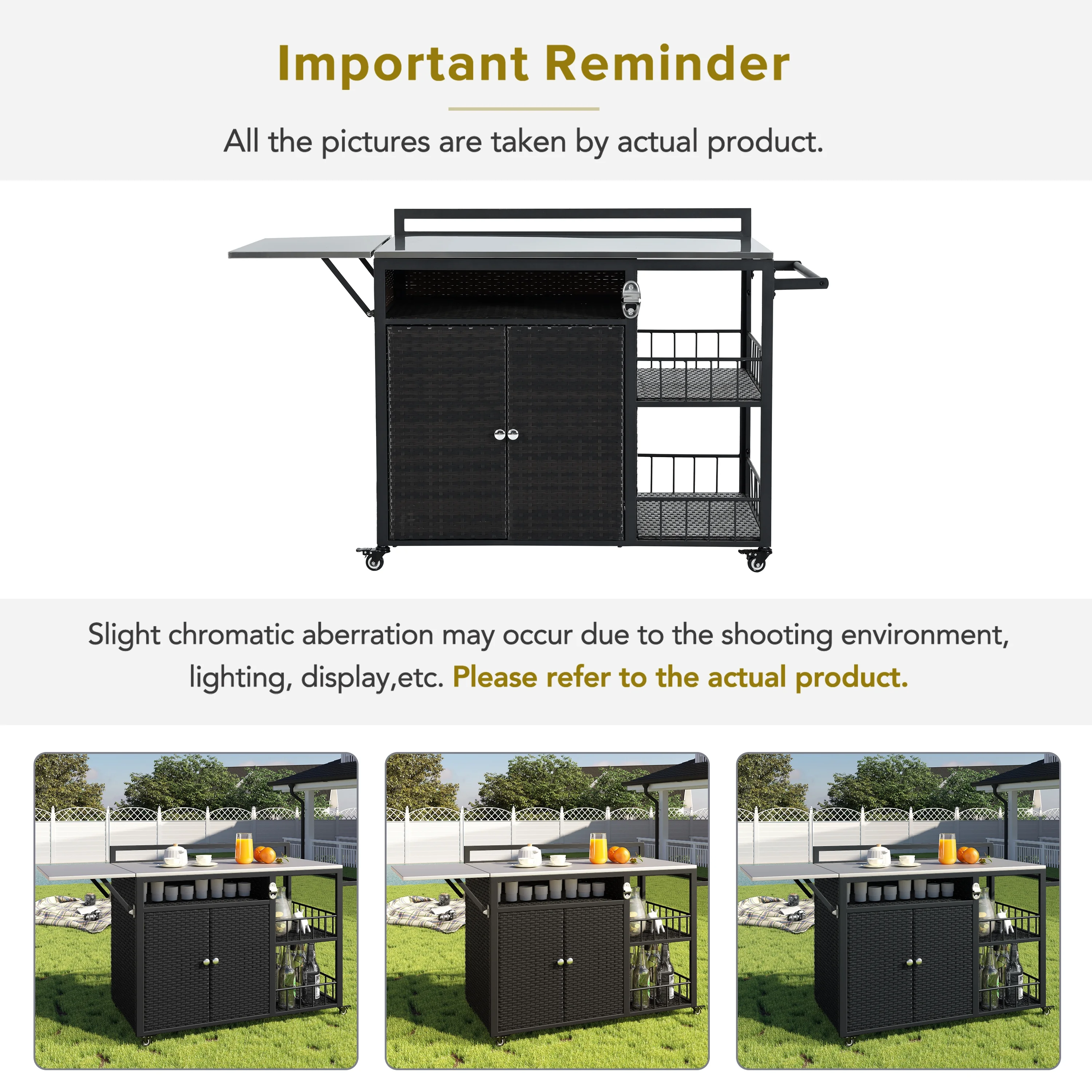 Euroco Outdoor Rolling Bar Cart with Foldable Stainless Steel Tabletop, Storage Cabinet, Bottle Opener & Lockable Wheels, PE Rattan Patio Kitchen Serving Station for BBQ & Entertaining - Image 7