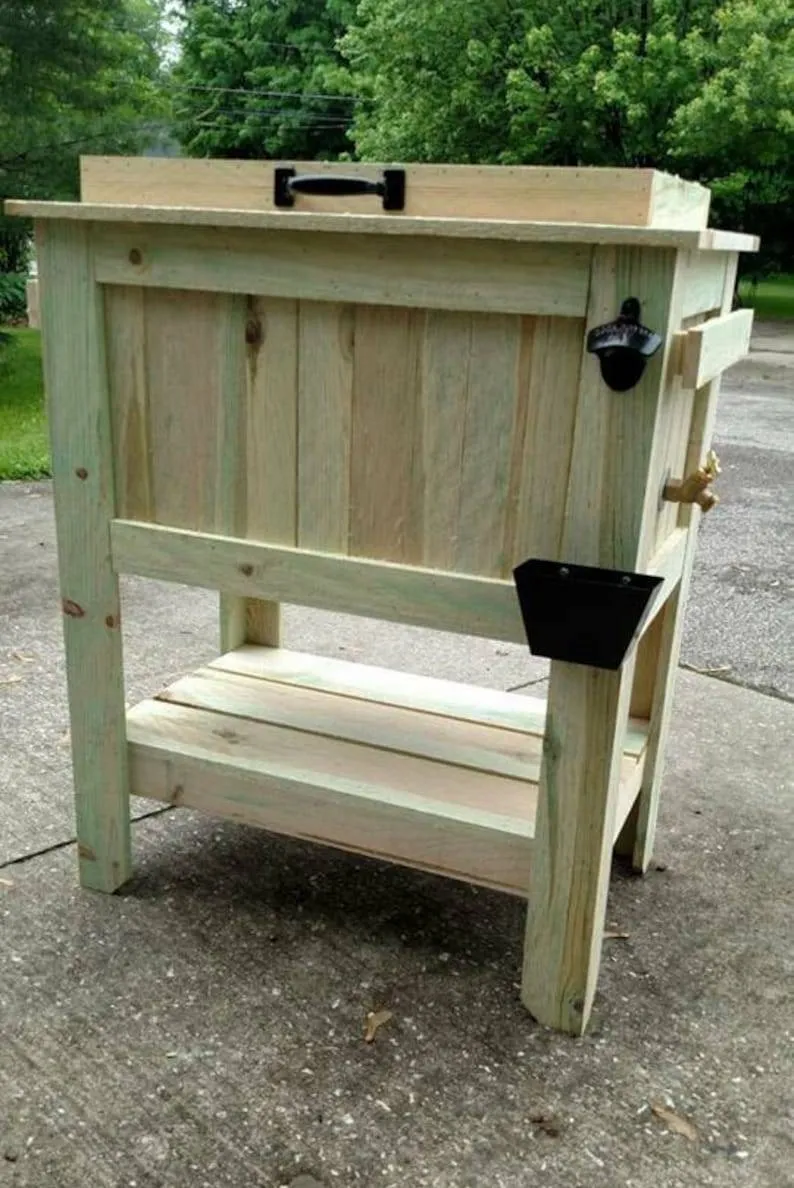 All Weather 48 Quart Antiqued Cedar Cooler Stand with Brass Drain, Bottle Opener and Cap Catcher, Beer Cooler.
