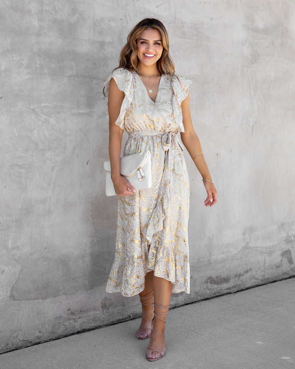 Golden Summer Metallic Ruffle Midi Dress - FINAL SALE - Se7enfashion
