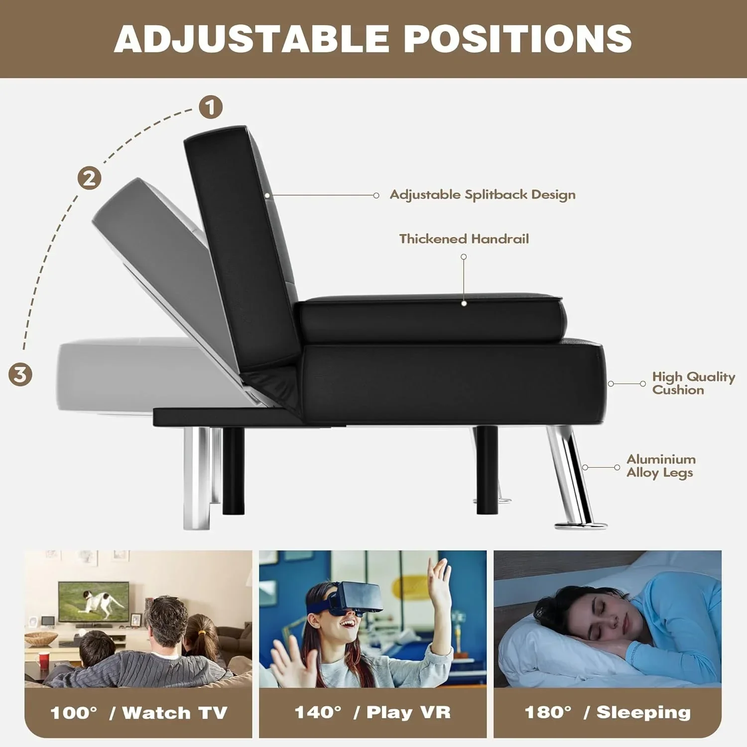 Homall Futon Sofa Bed Leather Futon Couch with Armrests Adjustable Recliner Sleeper Sofa Bed