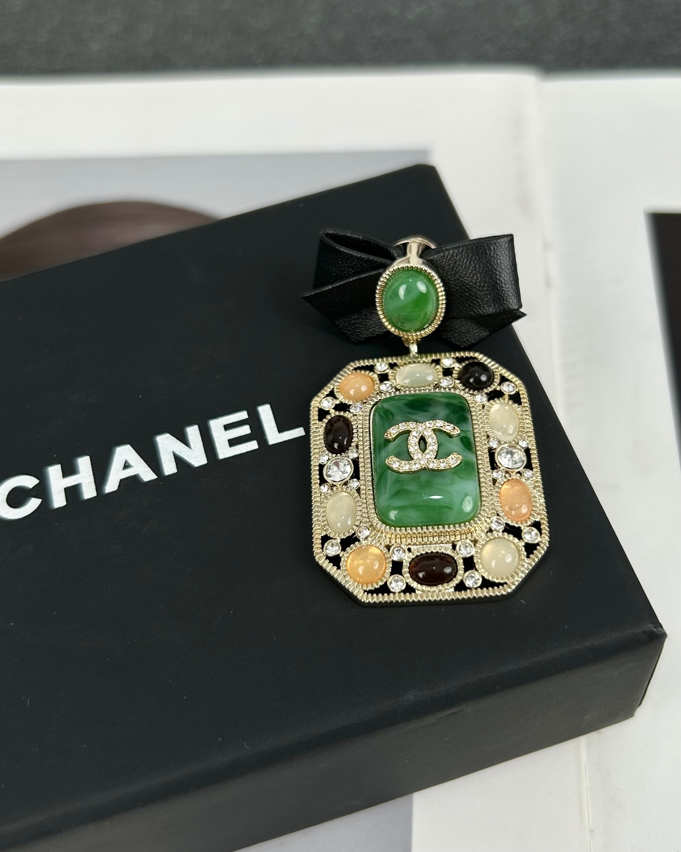 Chanel Leather Bow Multigem Emerald Brooch - Original Replica Club
