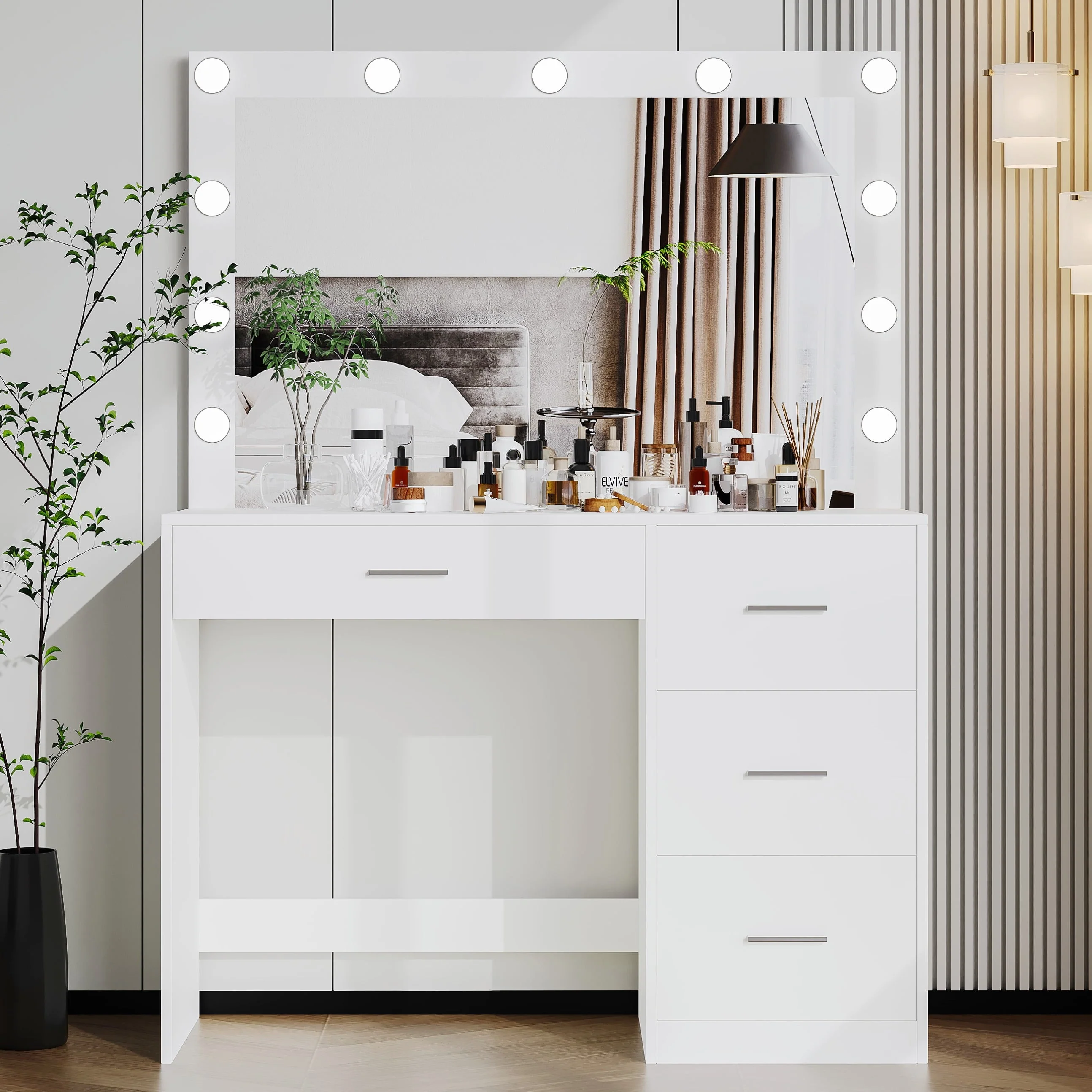 Modern Makeup Vanity Table with Lights, Vanity Desk with Mirror, 4 Drawers, Dressing Table, White(White)