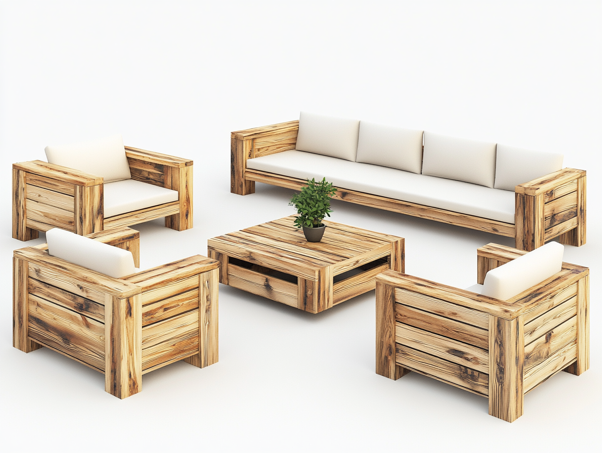 Juego de muebles de jardín de madera rústica para exteriores con cojines beige, sofá y sillones OU1183607