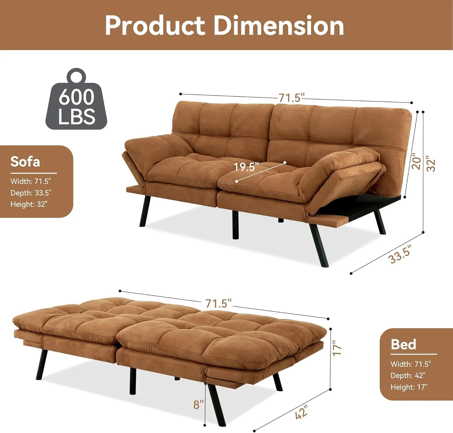 Amazon Basics Brown Loveseat,Convertible Couch Memory Foam Futon Sofa Bed Modern Sleeper Sofa for Small Compact Living Room,Office,Apartment, Linen Fabric
