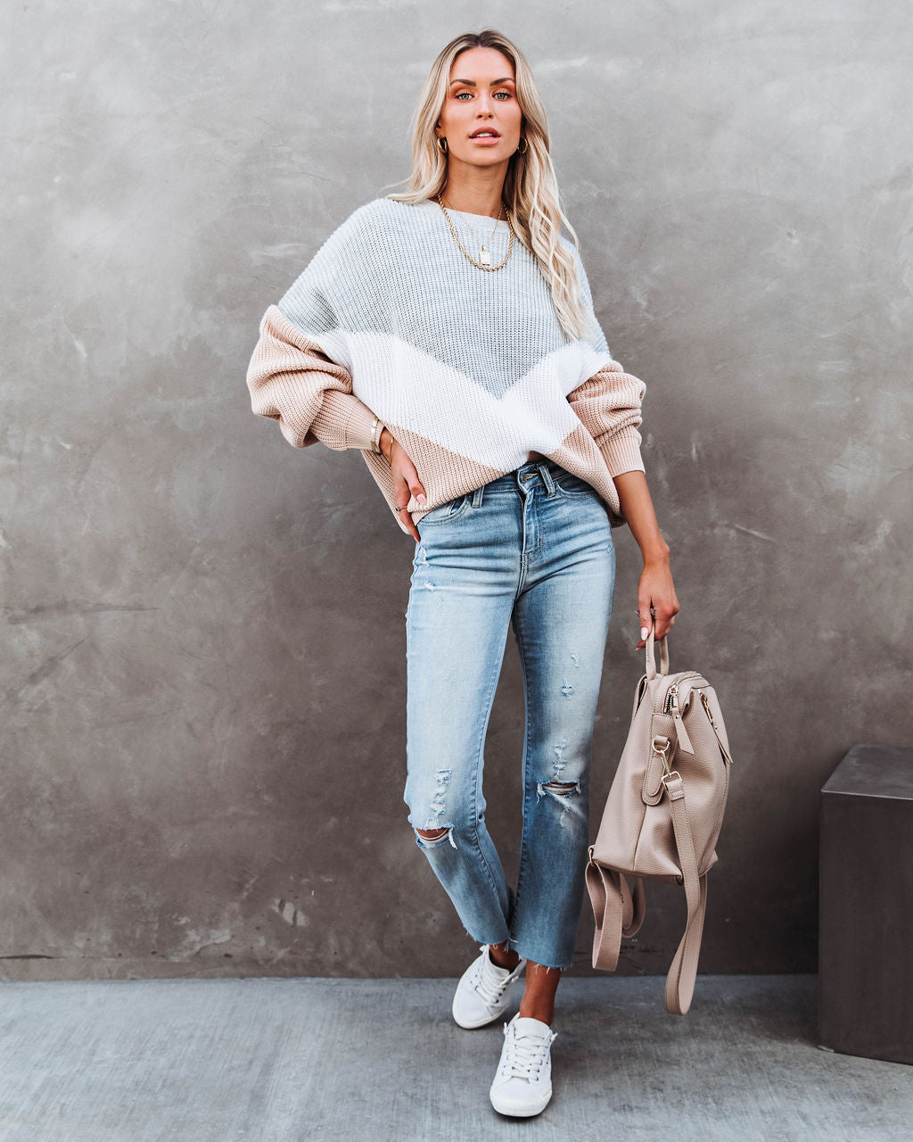 Give Love A Chance Chevron Sweater - Heather Grey/ Taupe - Se7enfashion