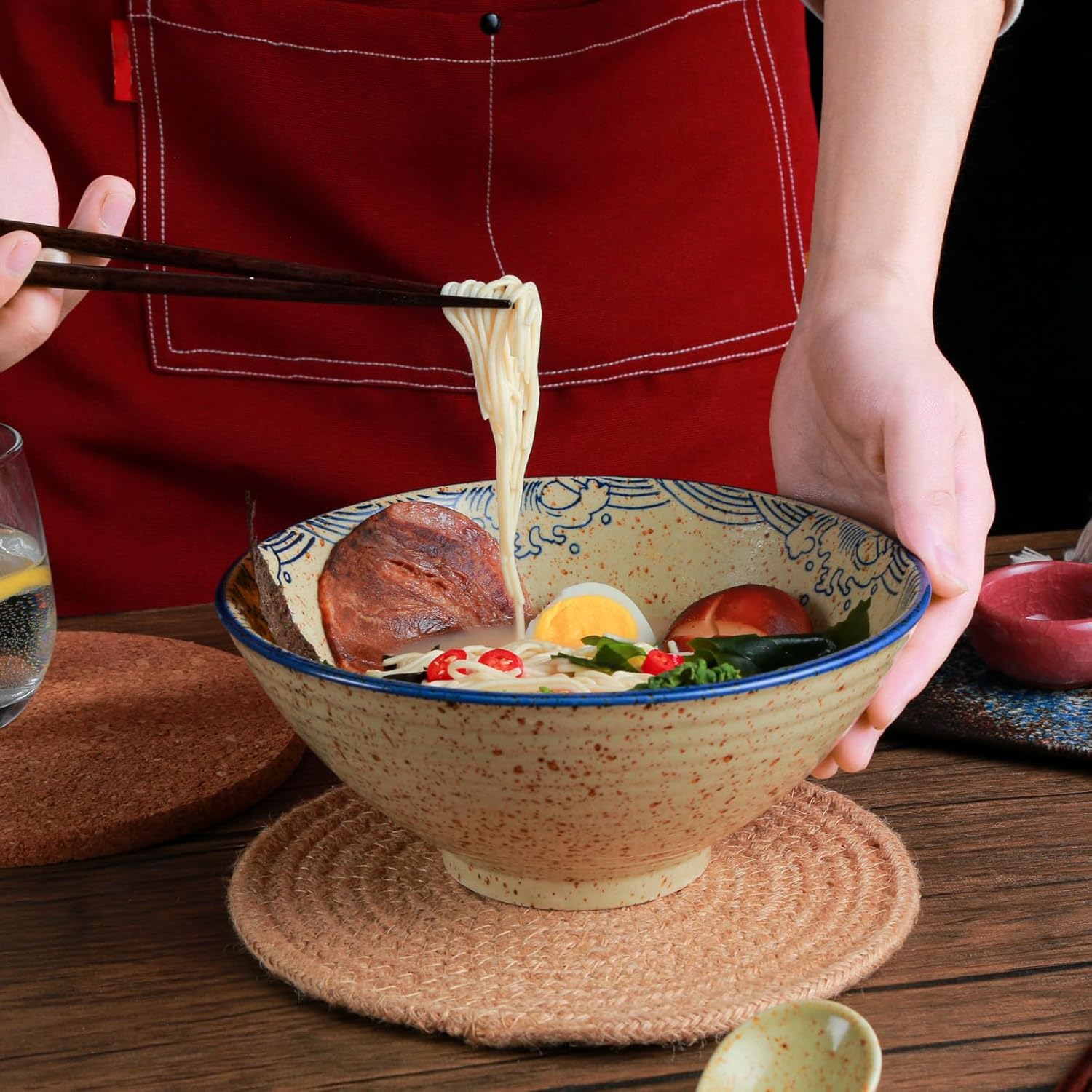 Ceramic Ramen Bowl Set of 2, 40oz Japanese Noodle Bowls with Spoons & Chopsticks Porcelain Large Soup Bowl for Pho, Udon, Retro Style Tableware Microwave & Dishwasher Safe, Fish