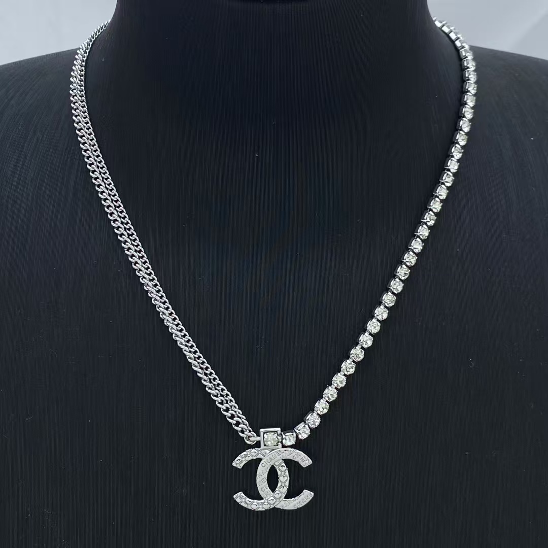 Chanel Half Rhinestone Chain Half Cuban Chain Necklace - Original Replica Club