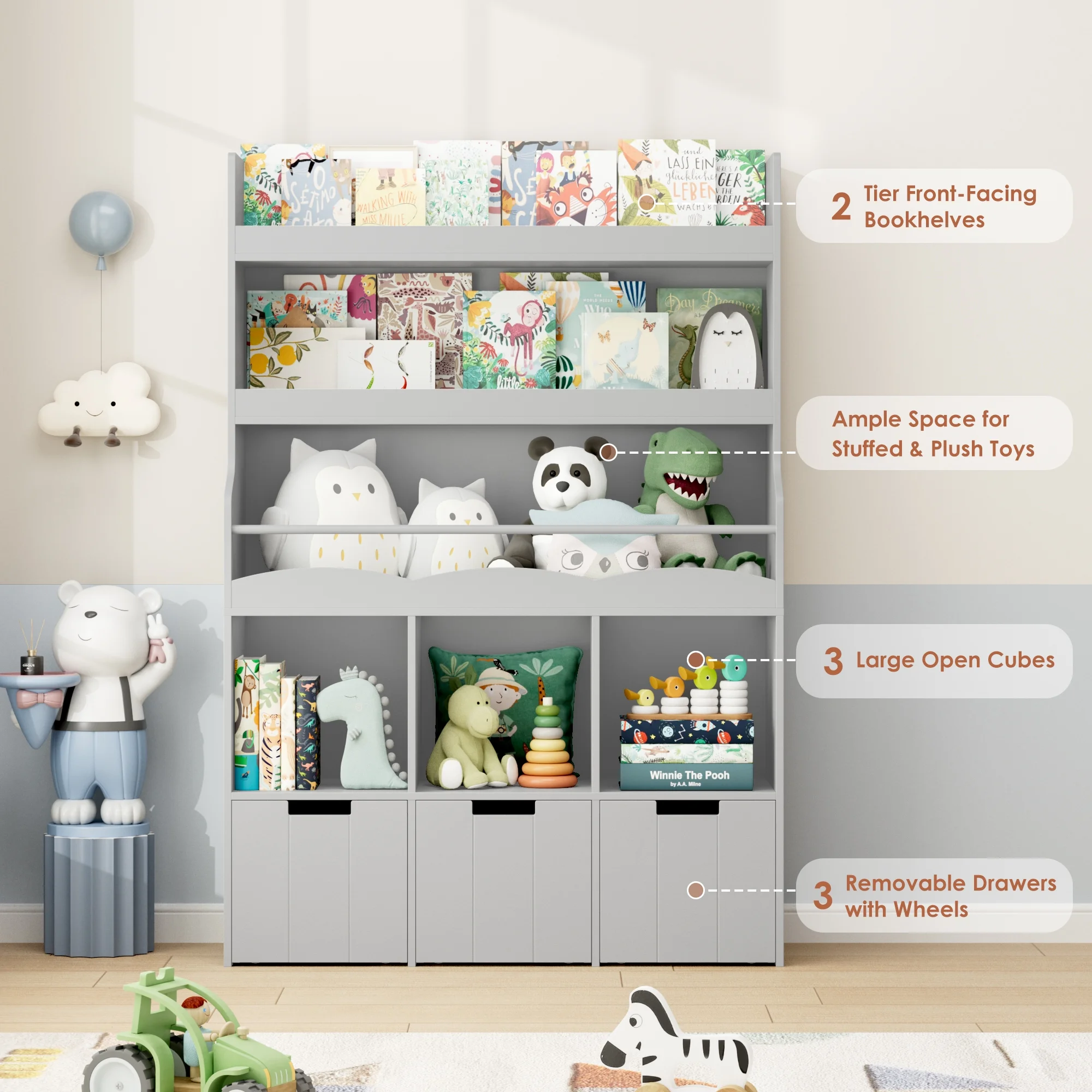 Homfa 55.5- H Kids Bookshelf with 2-Tier Book Shelves, Children Toy Organizer with 3 Cubes and Removable Drawers, White - Image 17