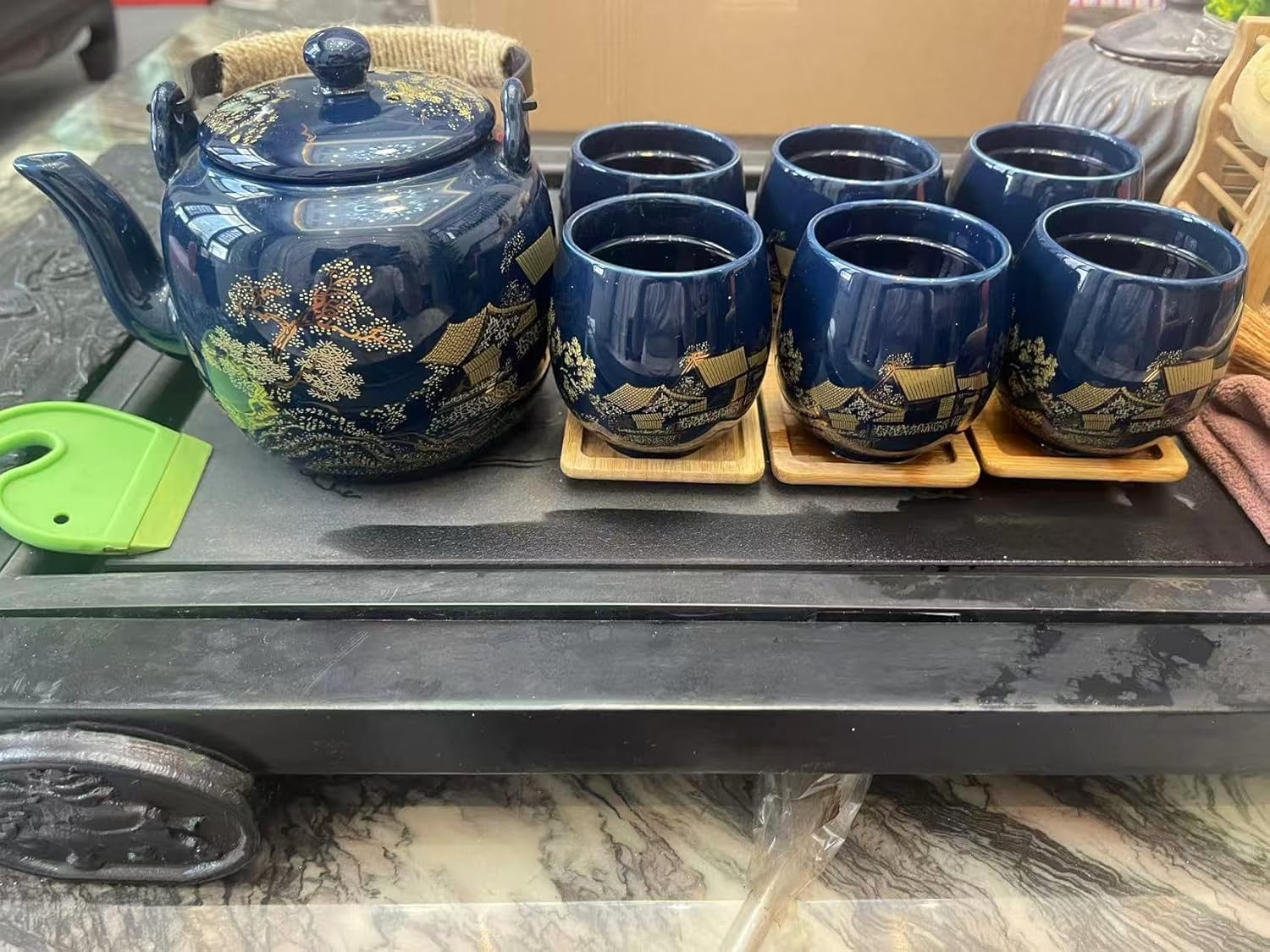 Gift Set Japanese Tea Set, Asian Black Glazed Ceramic Tea Set - Contains 1 Teapot, 1 Tea Strainer and 6 Teacups. Ideal for Home, Outdoor, Office (Blue2)