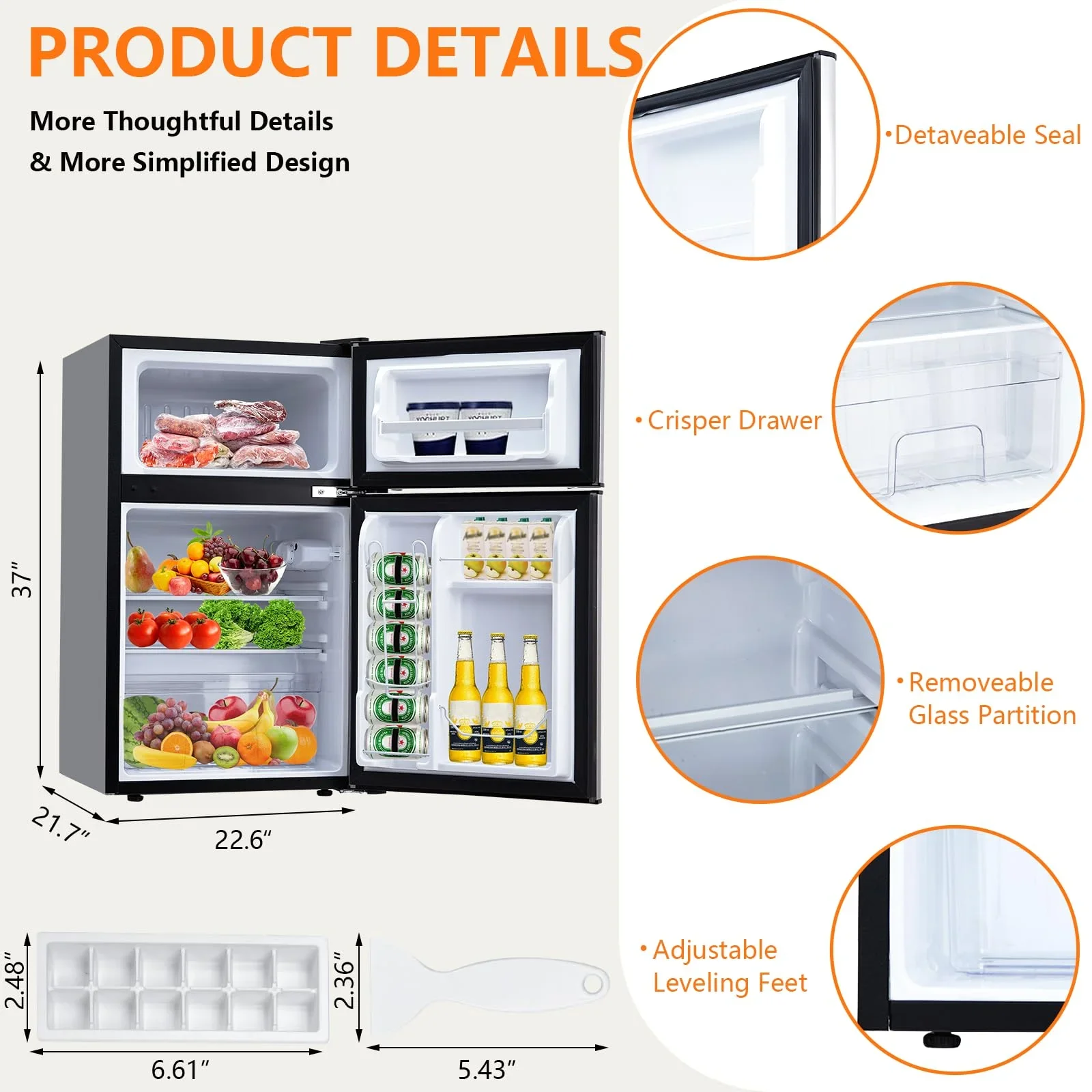 3.2 Cu. Ft Mini Fridge with Freezer, Small Refrigerators Double Door Stainless Steel, 5 Adjustable Thermostat Settings, Compact Internal Freezer with Crisper Drawer for Apartment Dorm, Silver