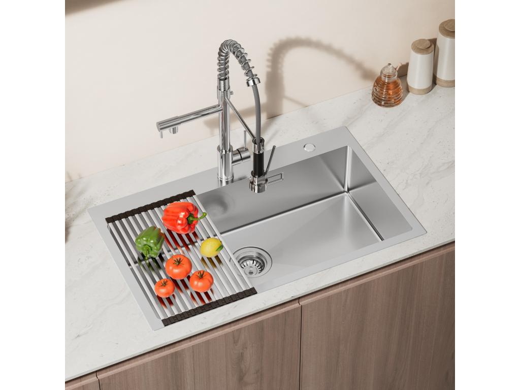 Tucasago Fregadero Cocina 1 Tanque Inox Cepillado75*45*19CM- Fregadero con Escurridor plegable+Gripo de Cocina Flexible Boco Alto Orientable