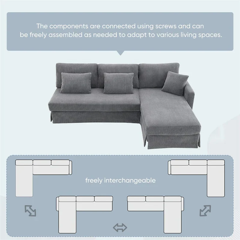 Contemporary L-Shaped Corduroy Sofa with Reversible Chaise from Harper & Bright Designs