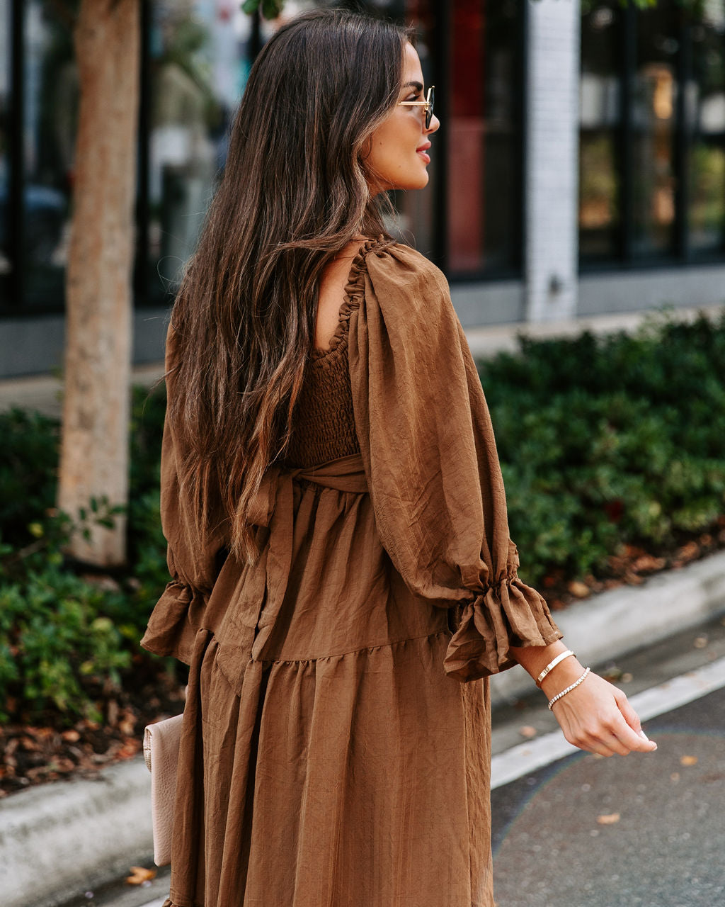 River Pocketed Puff Sleeve Midi Dress - Mocha - Se7enfashion
