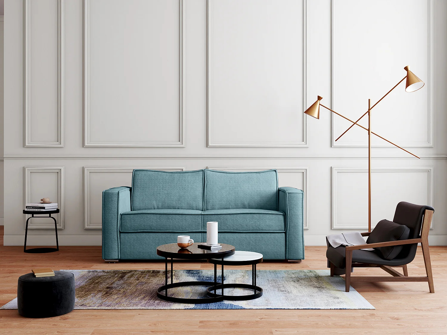 Sofá cama de 4 plazas con apertura italiana de pana color turquesa - Somier de láminas de 160 cm de ancho - Colchón con memoria de forma de 22 cm LORETO