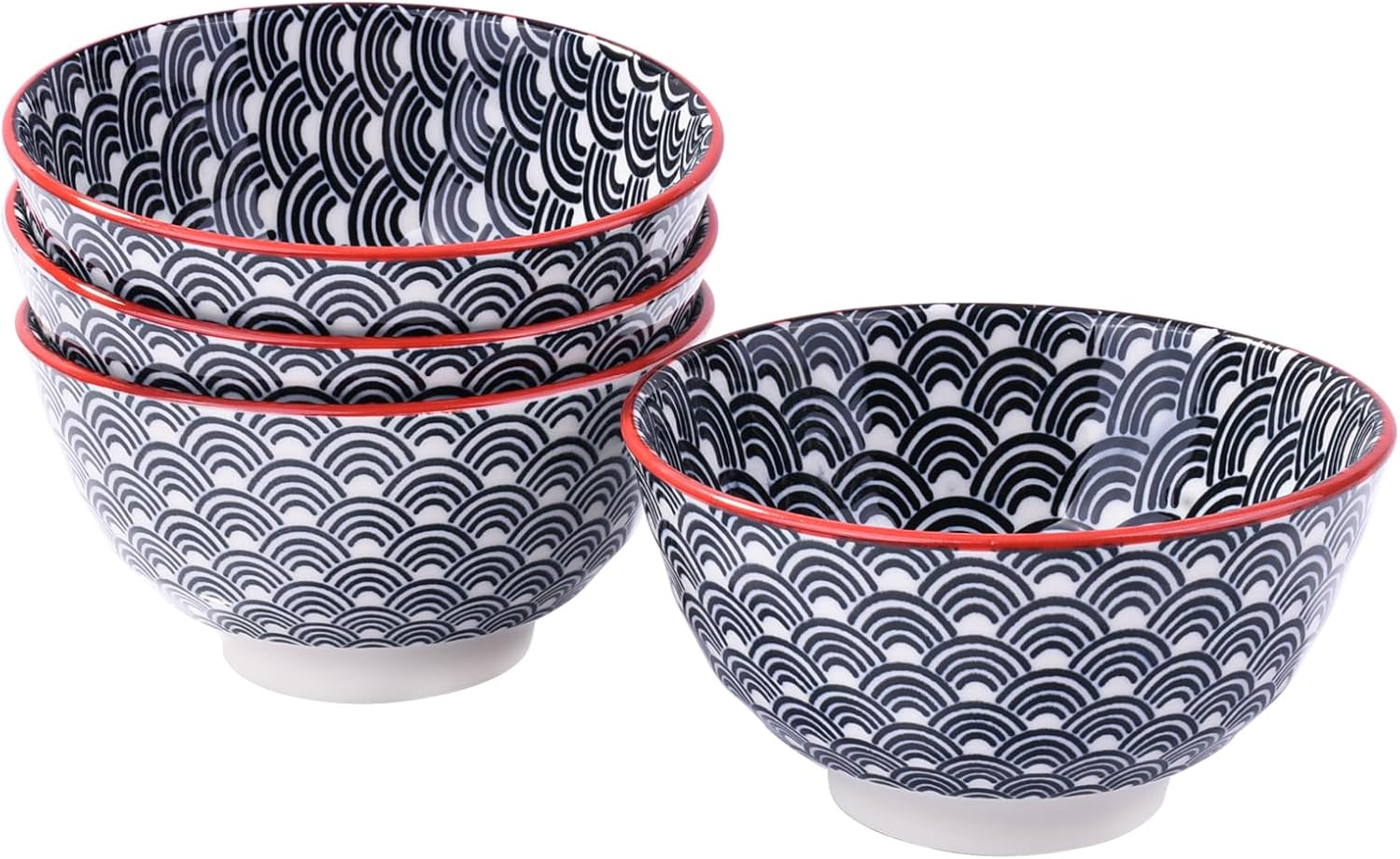 4-Piece Ceramic Small Bowl Set, 4.5-Inch Round Rice Bowls with Black & White Wave Motif, Classic Japanese Style Soup & Cereal Bowls with Red Rim, Microwave & Dishwasher Safe, Stackable