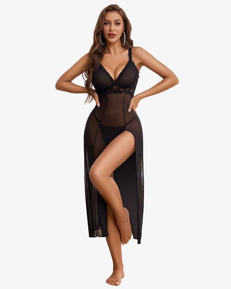 Split Mesh Lace Floral Dress with Thong Set