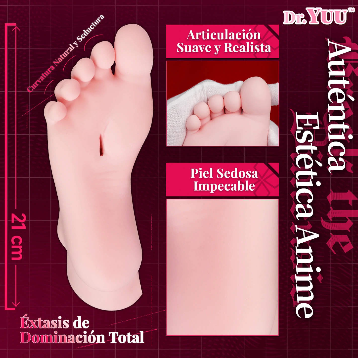 Masturbador de pies Dr.YUU de 21 cm, con dedos articulados, textura suave y acabado realista estilo anime.