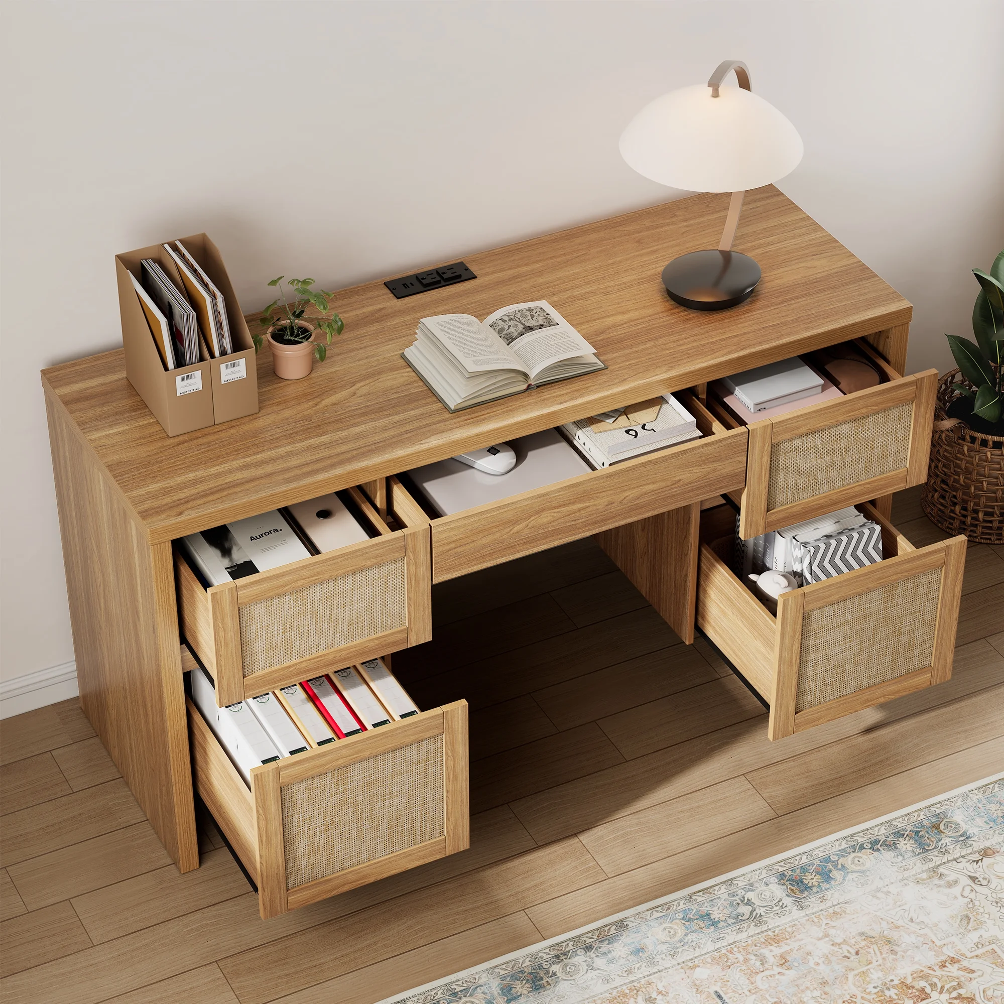 Brafab Home Office Desk with Charging Station, 5-Drawer Executive Desk with Rattan Front, Modern Farmhouse Computer Writing Desk, Built-in USB/Type-C Ports & Outlets - Image 6