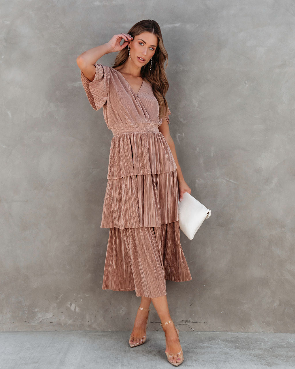 Perfect For Me Plisse Tiered Midi Dress - Mauve - Se7enfashion