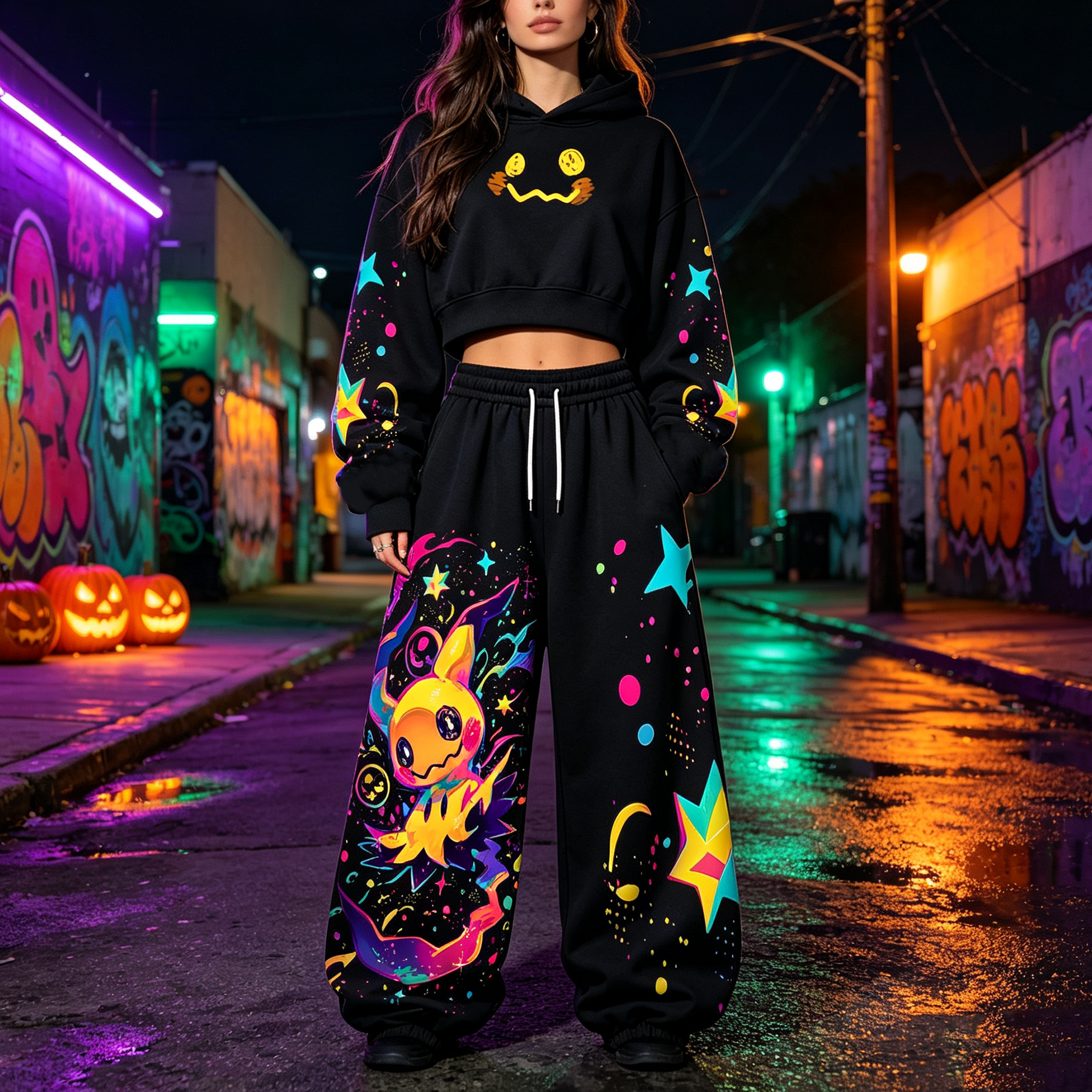Pokémon Halloween Series Cropped Long Sleeve Hoodie & High Waist Jogger Pants Two Piece TeeThreads Sustain the Scene with Custom Apparel