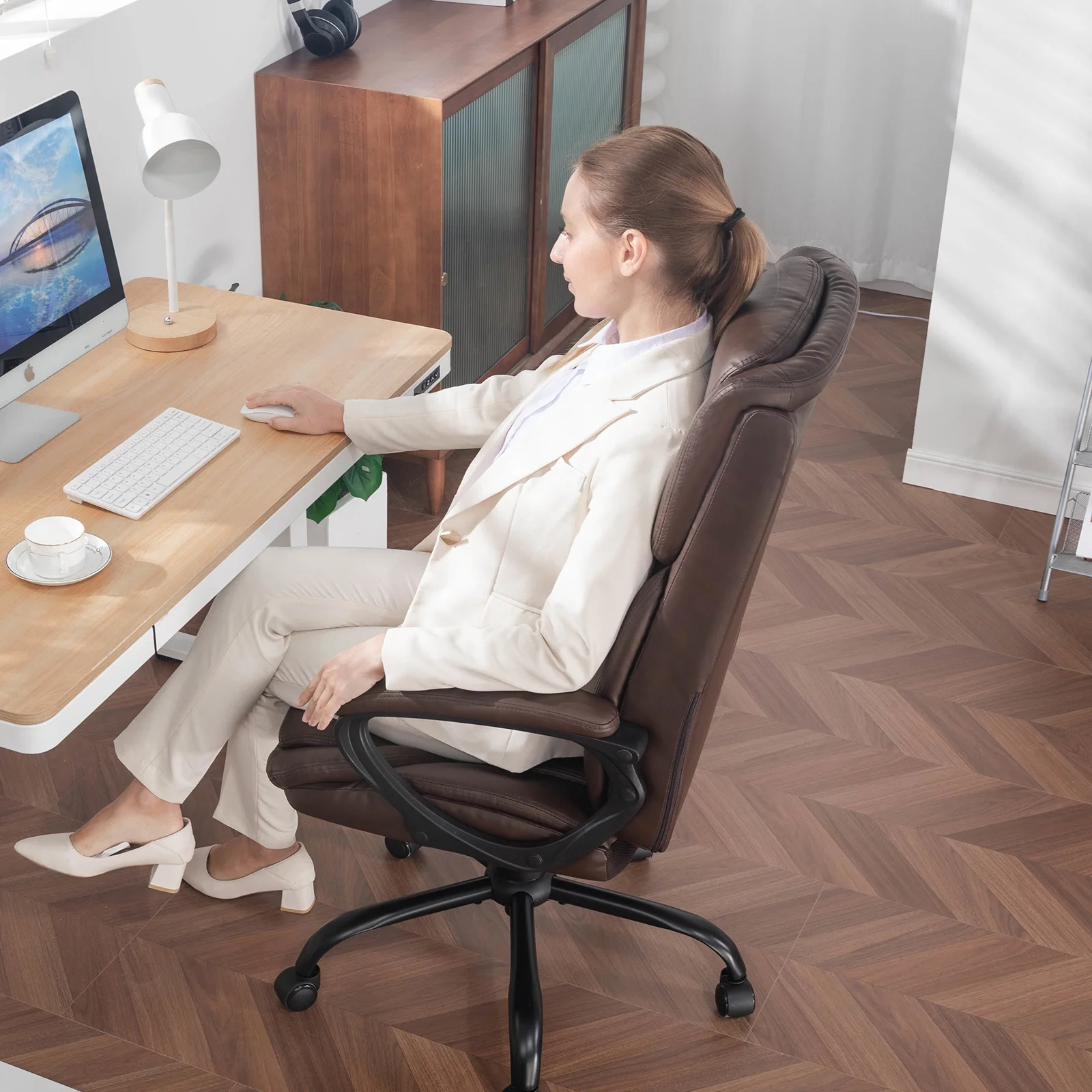 Mainstays Executive Ergonomic High Back Leather Home Office Desk Chair, Black - Image 24