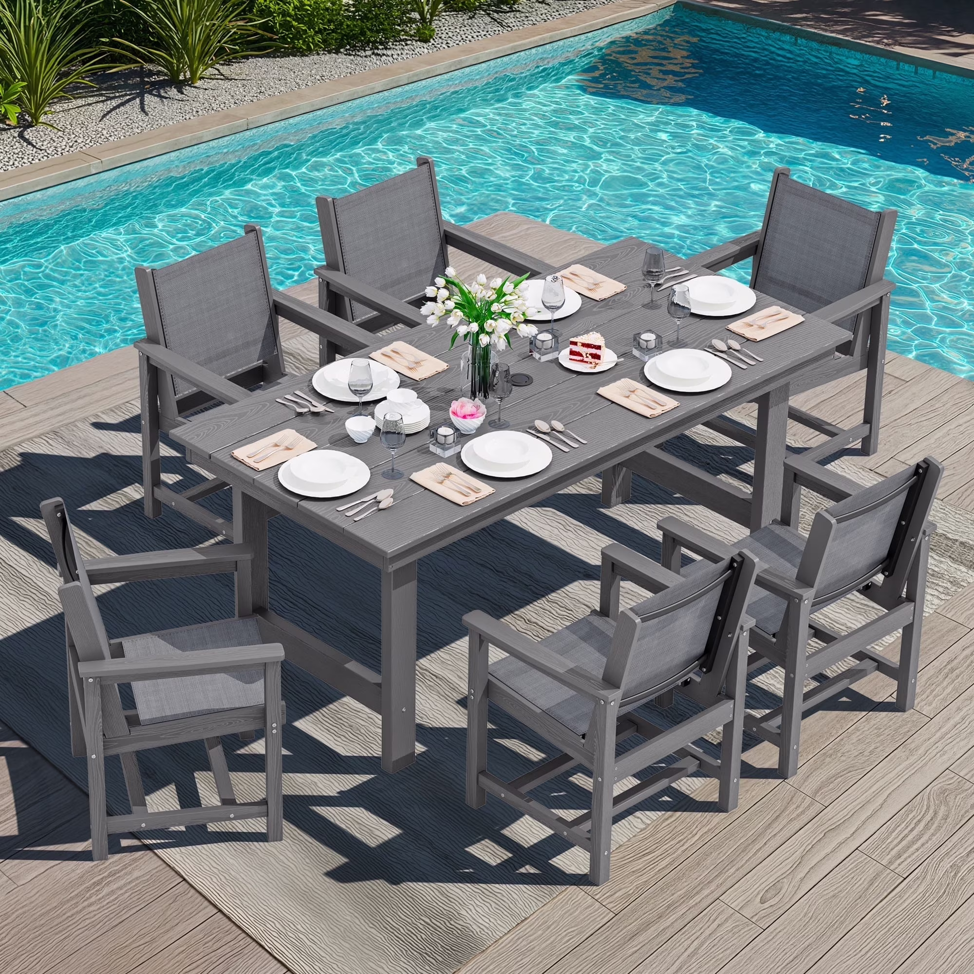 SERWALL Outdoor HDPE Dining Table Set, 7-Piece Outdoor Dining Table Sets with Umbrella Hole, Grey - Image 12