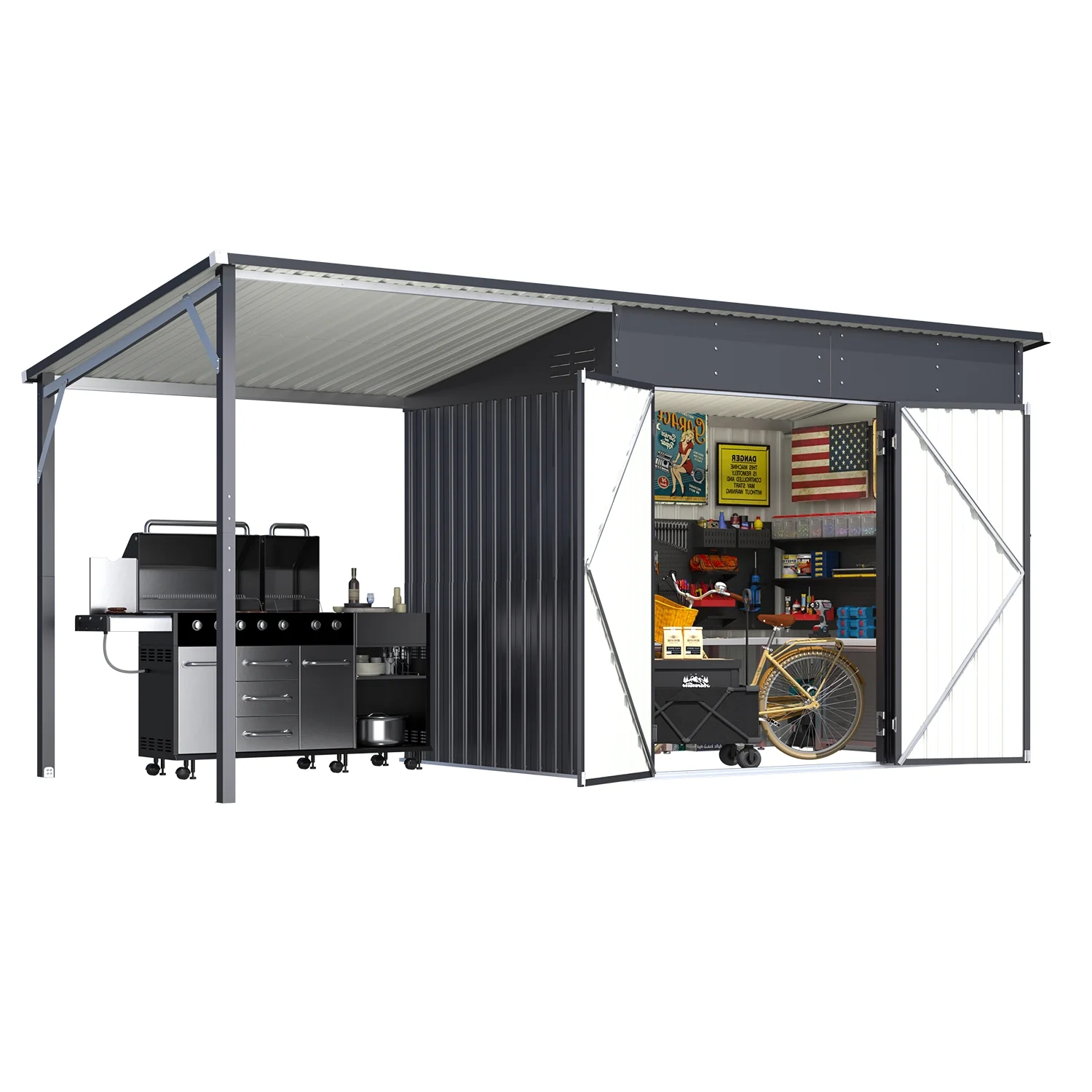 YODOLLA Outdoor Open-Sided Storage Shed, 3x5 Sheds & Outdoor Storage with 15 Sq. Ft Covered, 5x3 Small 2-in-1 Tool Shed with Attached Hardtop Metal Pergola Gazebo - Image 22