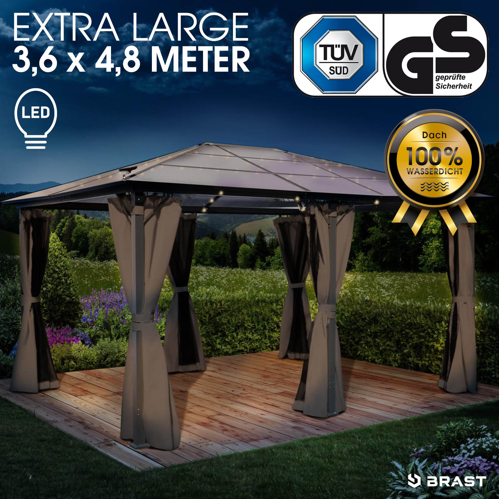 BRAST Alu-Pavillon PREMIUM 3,6x4,8m beige inkl. LEDs