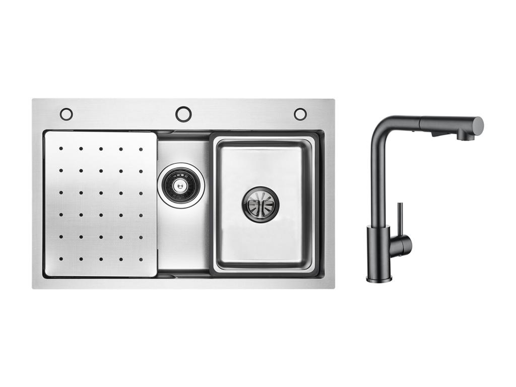 Fregadero de 1 lavabo 70×45×21,5 CM Fregadero de acero inoxidable plateado con escurridor, lavabo, dispensador de jabón + grifo de cocina monomando con ducha extraíble