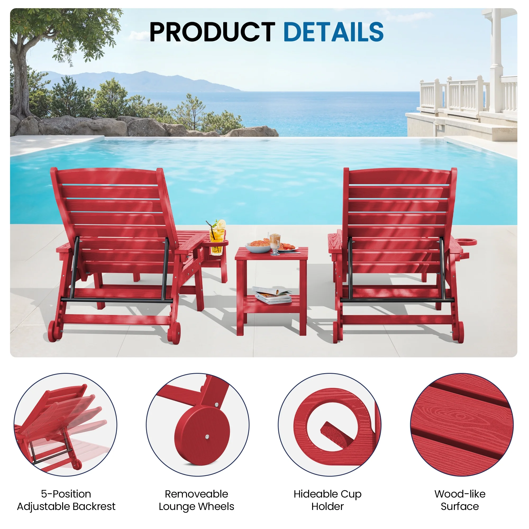 SERWALL Patio Chaise Lounge Chair, 78'' HDPE Outdoor Lounge Chair 5 Positions Pool Lounger Navy Blue - Image 27