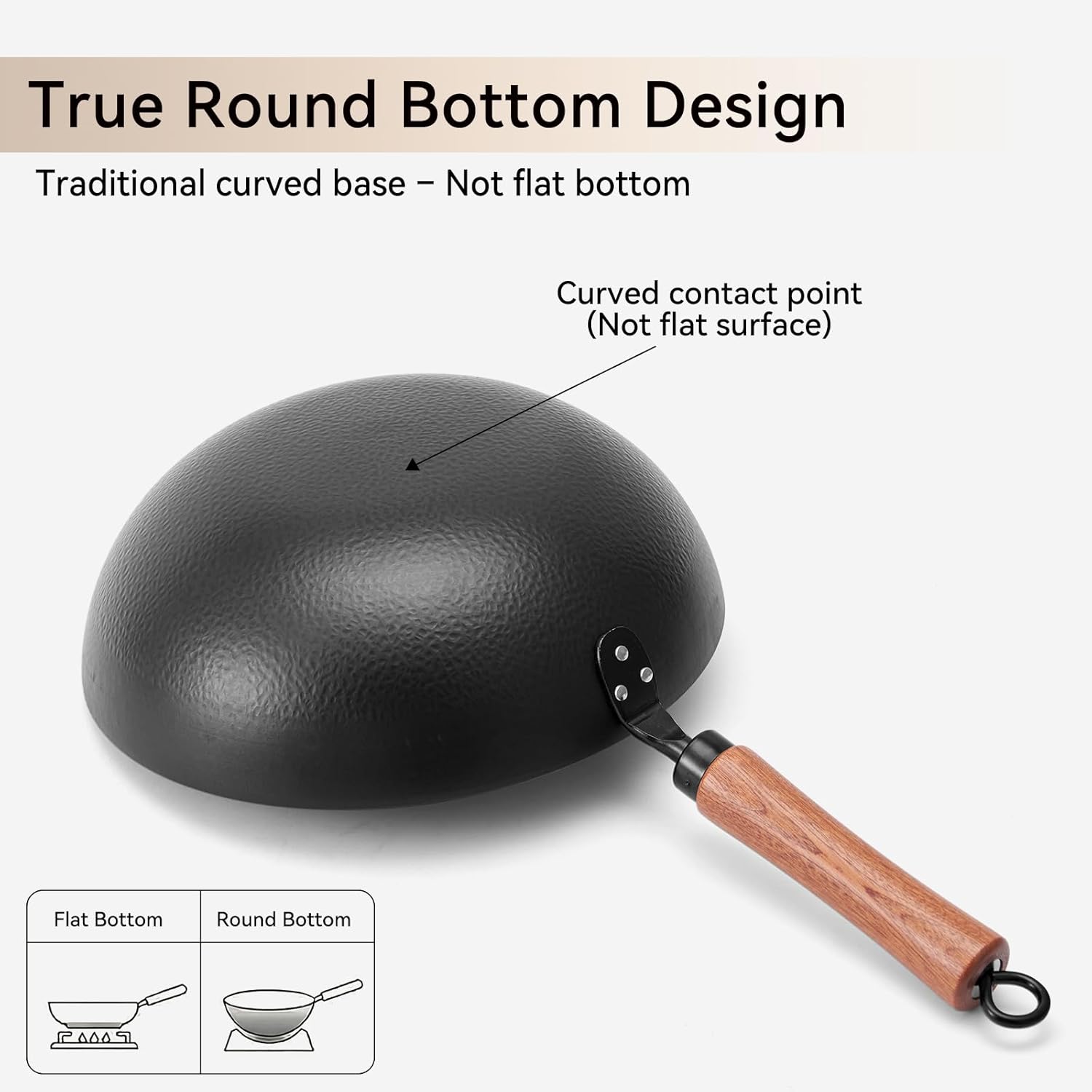 WANGYUANJI Carbon Steel Wok Pan 11 Inch - Round Bottom Traditional Pow Wok (Requires Gas Stove & Wok Ring) - No Coating Hand Hammered Stir Fry Pan with Lid & Detachable Handle