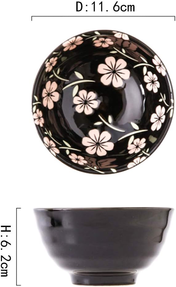 Japanese Style Rice Bowl Set of 4 Ceramic Cereal Bowls for Soup Snack Oat (4, Black Sakura)
