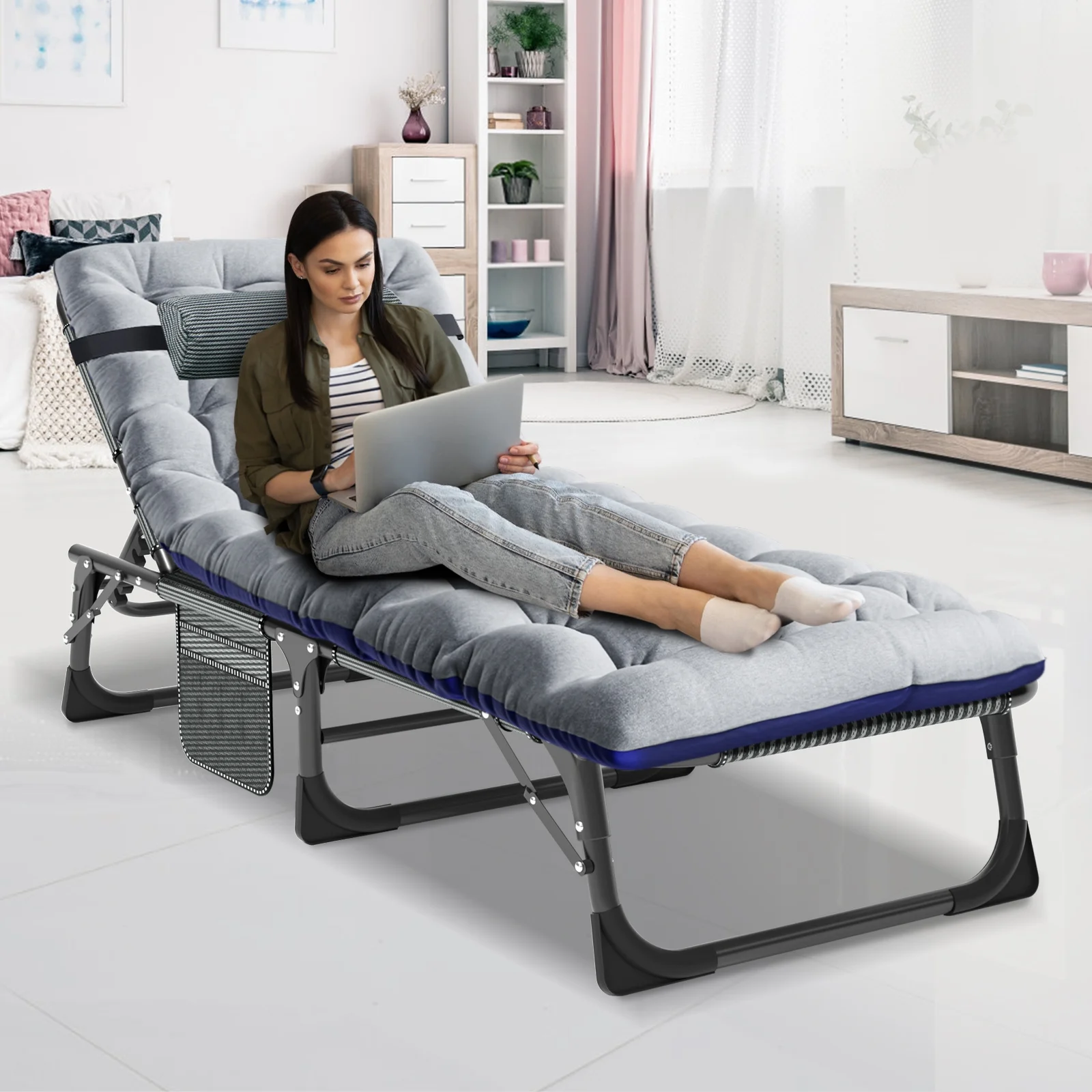 MOPHOTO Lounge Chair with Mattress, Outdoor Chaise Lounge Support 440 Lbs, Adjustable Portable Heavy Duty Sleeping Cots Bed for Camping, Pool, Beach, Patio - Image 54