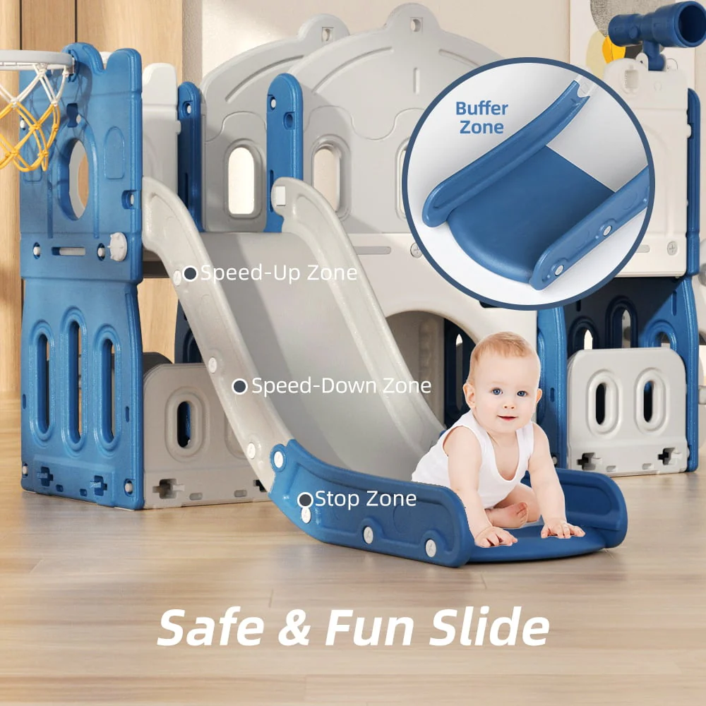 XJD 8-in-1 Toddler Slide Climber, Slide Set Playground for Kids, Slide Toddlers Climber and Slide Set with Basketball Hoop and Ball, Slide for Toddlers Age 12 Month +(Blue) - Image 4