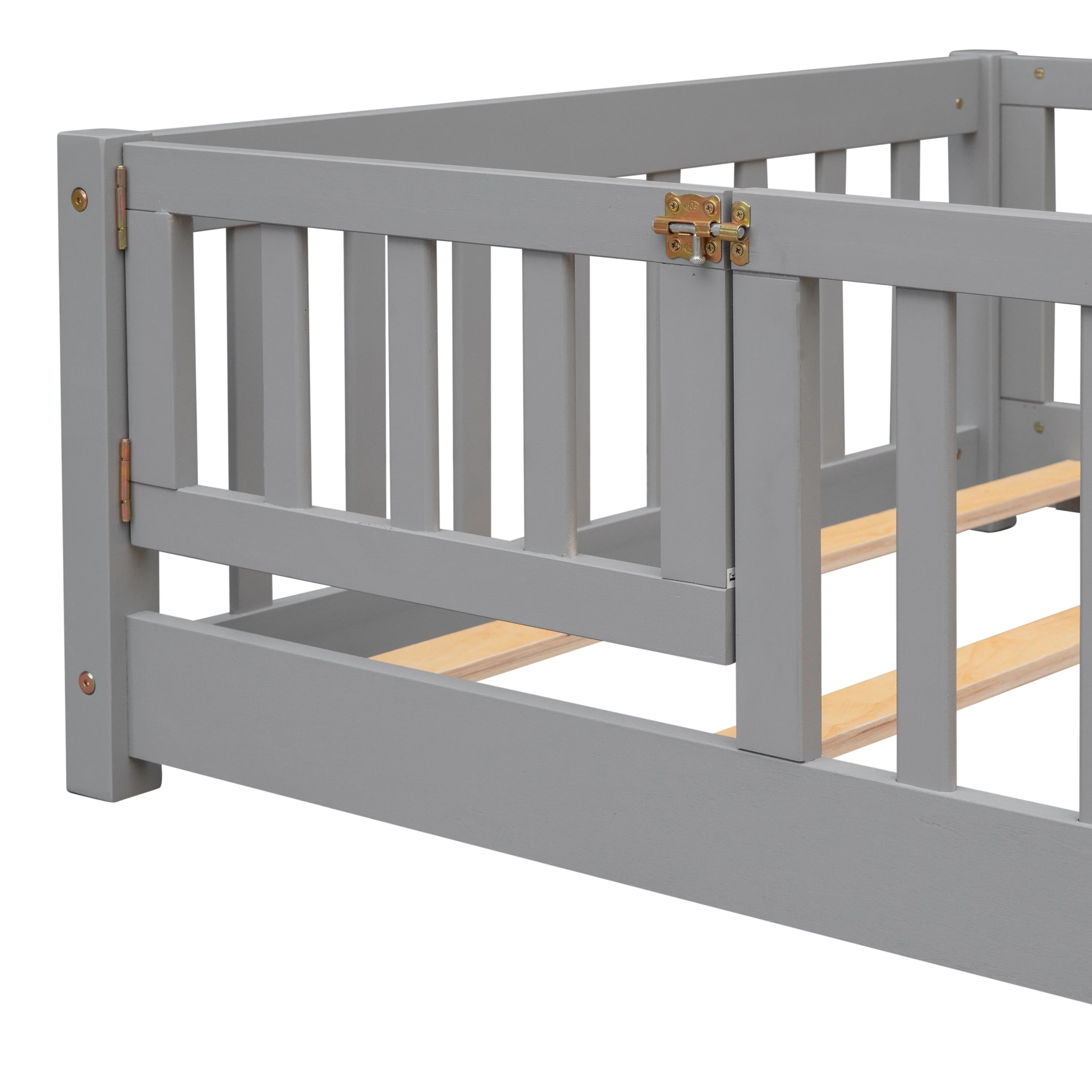 UHOMEPRO Twin Size Floor Bed with Door and Fence, Montessori Floor Bed with Slats and Safety Guardrails, Solid Wood Twin Bed Frame for Bedroom, White - Image 40