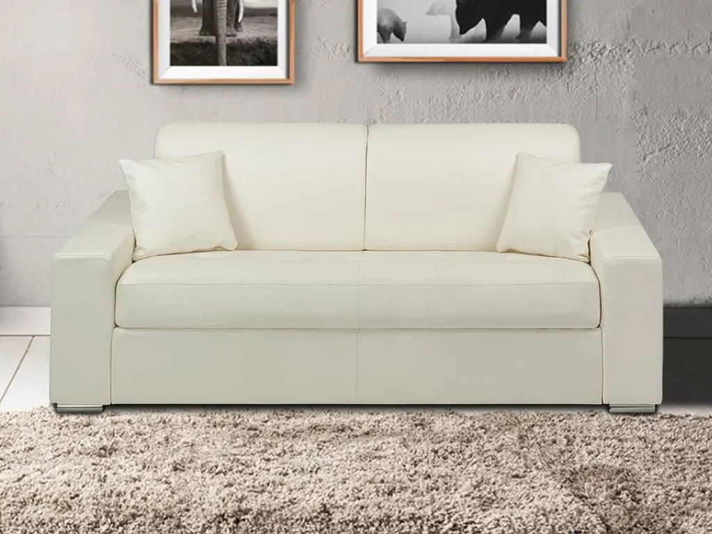 Sofá cama italiano 3 plazas piel sintética Homepleno - Blanco - Cama 140 cm - Colchón 22 cm 85801unao