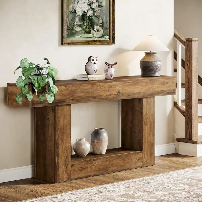63-Inch Brown and Gray Slim Wooden Console Table for Entryway