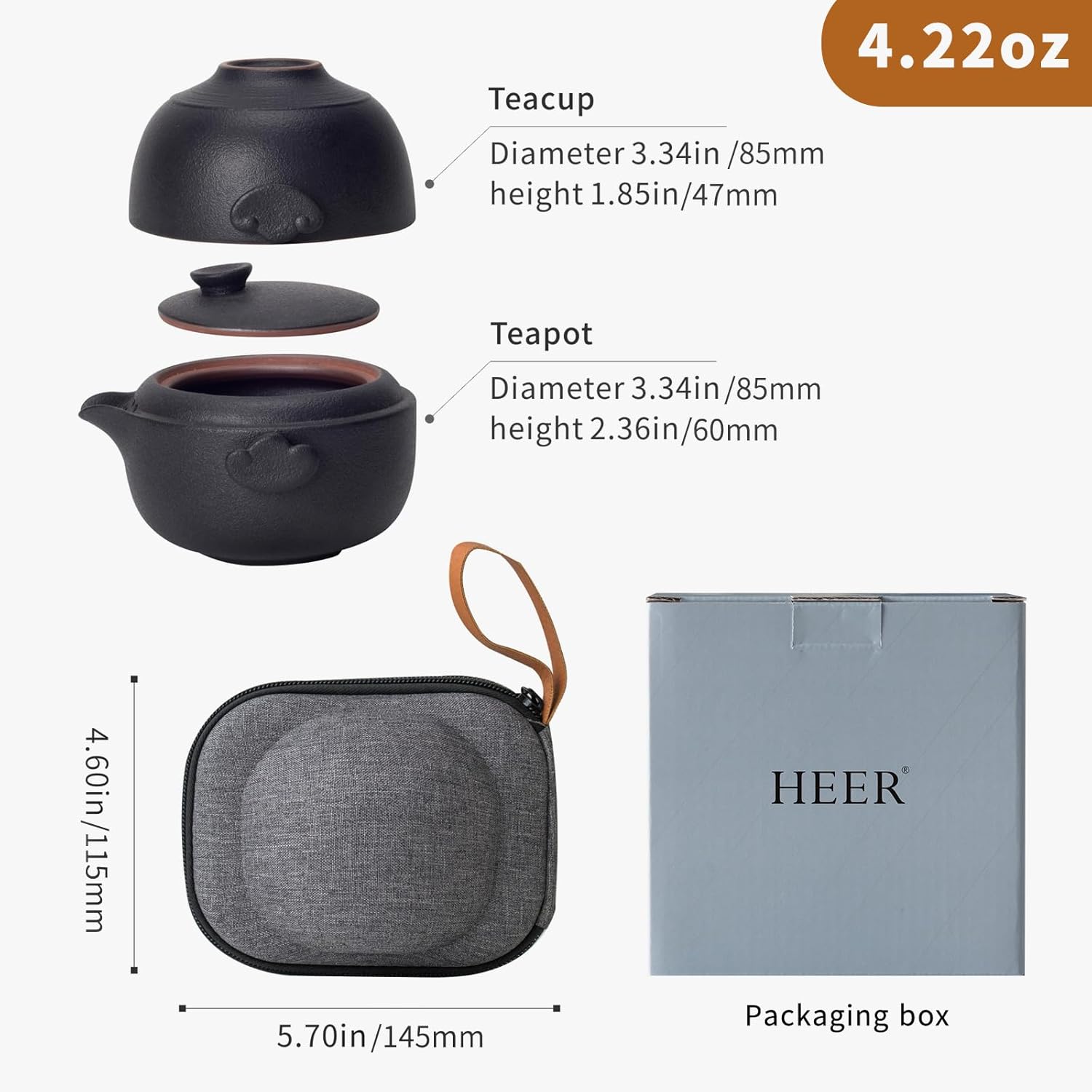 HEER Ceramic Travel Gaiwan Tea Set - Small Kungfu Teapot with Cup for One, Ideal Gift for Tea Lovers.