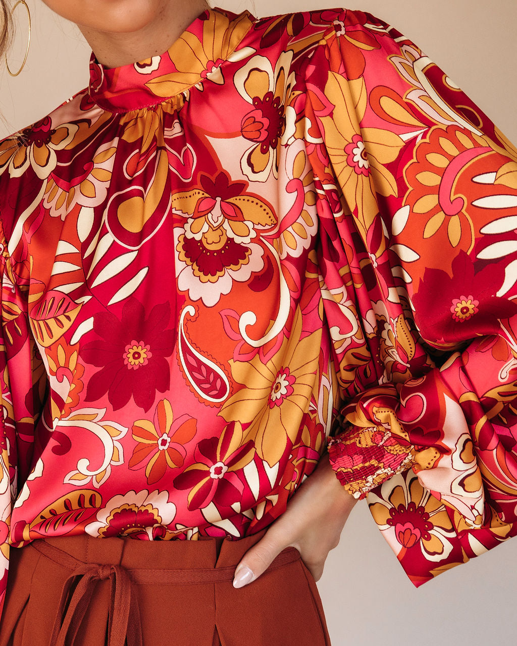 Dylann Satin Floral Balloon Sleeve Top - Se7enfashion