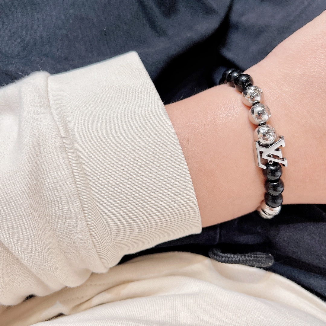 Louis Vuitton Pullable Black and Silver Monogram Beads Bracelet - Original Replica Club
