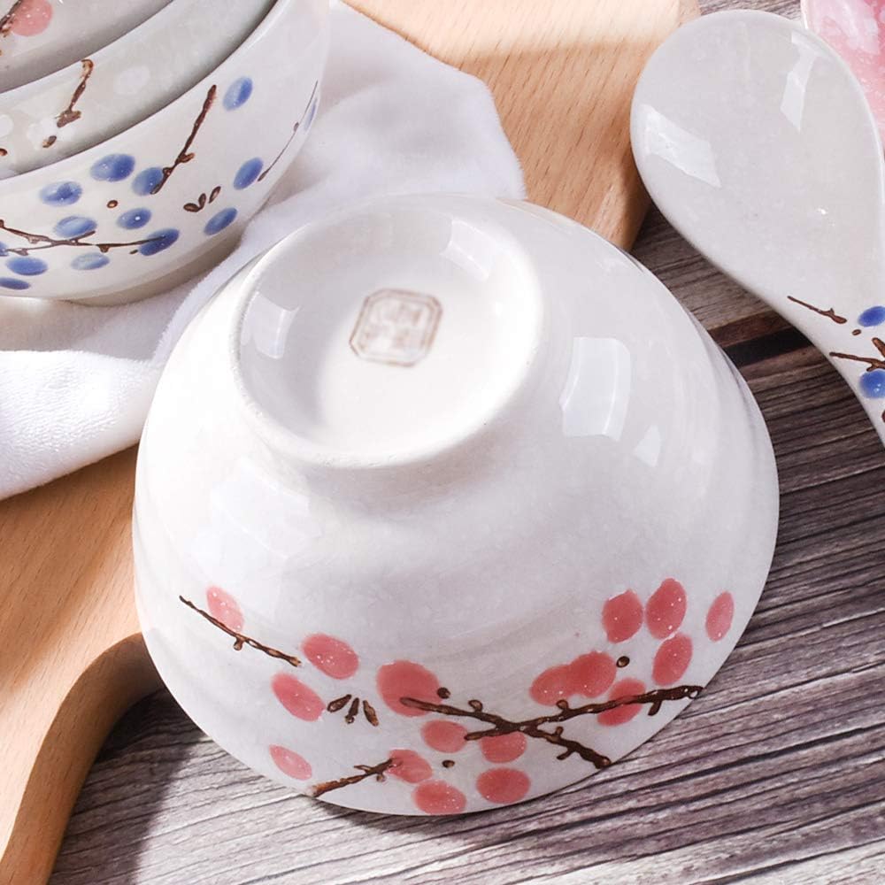 Japanese Rice Bowl Set of 4 Asian Style Hand-painted Floral Plum Ceramic Bowls For Dessert Snack Cereal Soup Sushi Sauce