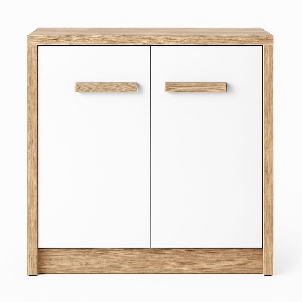 Armario de almacenamiento moderno,mueble de diseño minimalista,estructura de madera,color blanco y natural,con puertas y manijas