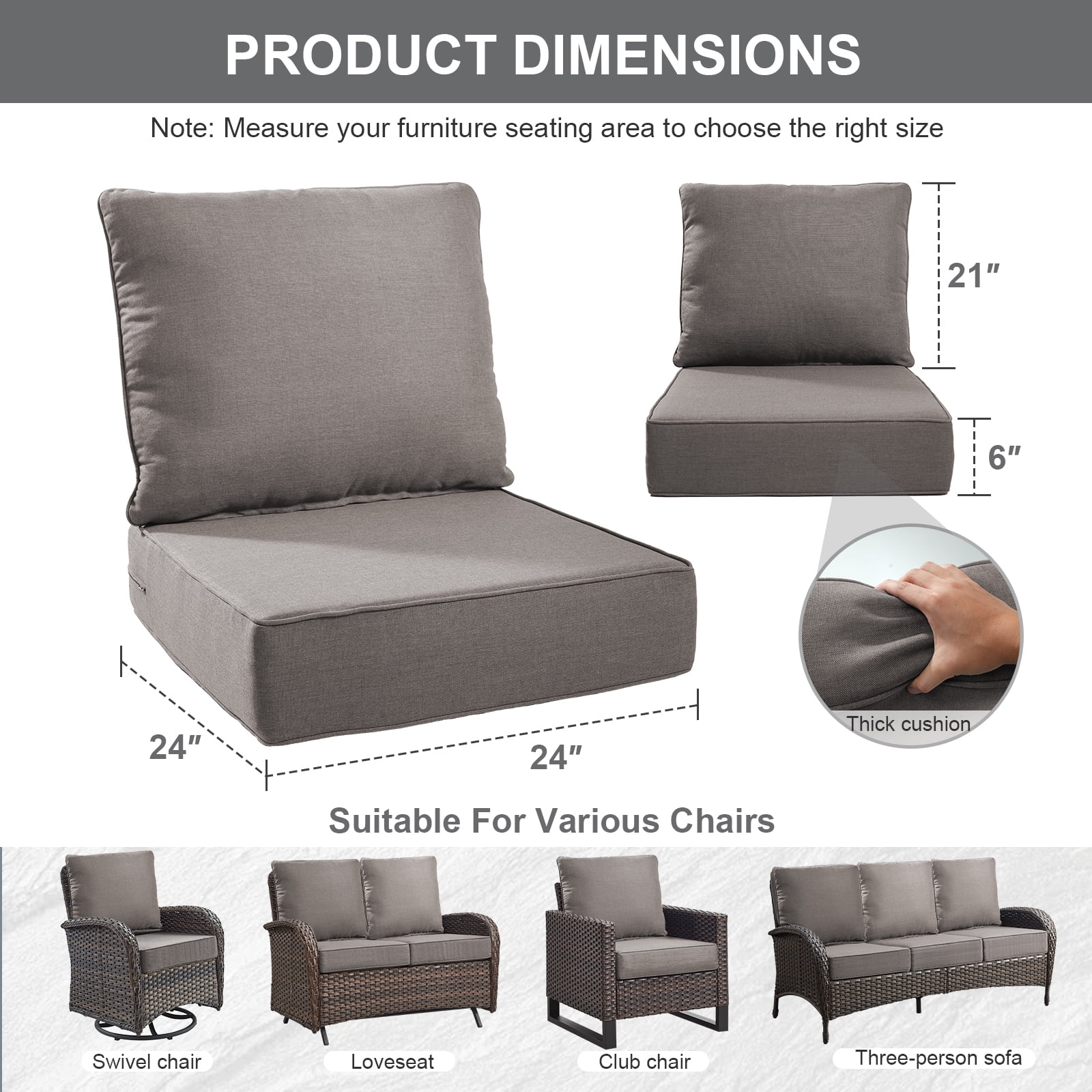 Bellefurn Outdoor Deep Seat Cushion 24 X 24 X 6 inch for Patio Furniture,Outdoor Chair Cushions Waterproof & Fade Resistant Patio Furniture Cushions for Wicker Chair, Sofa, Couch - Image 73