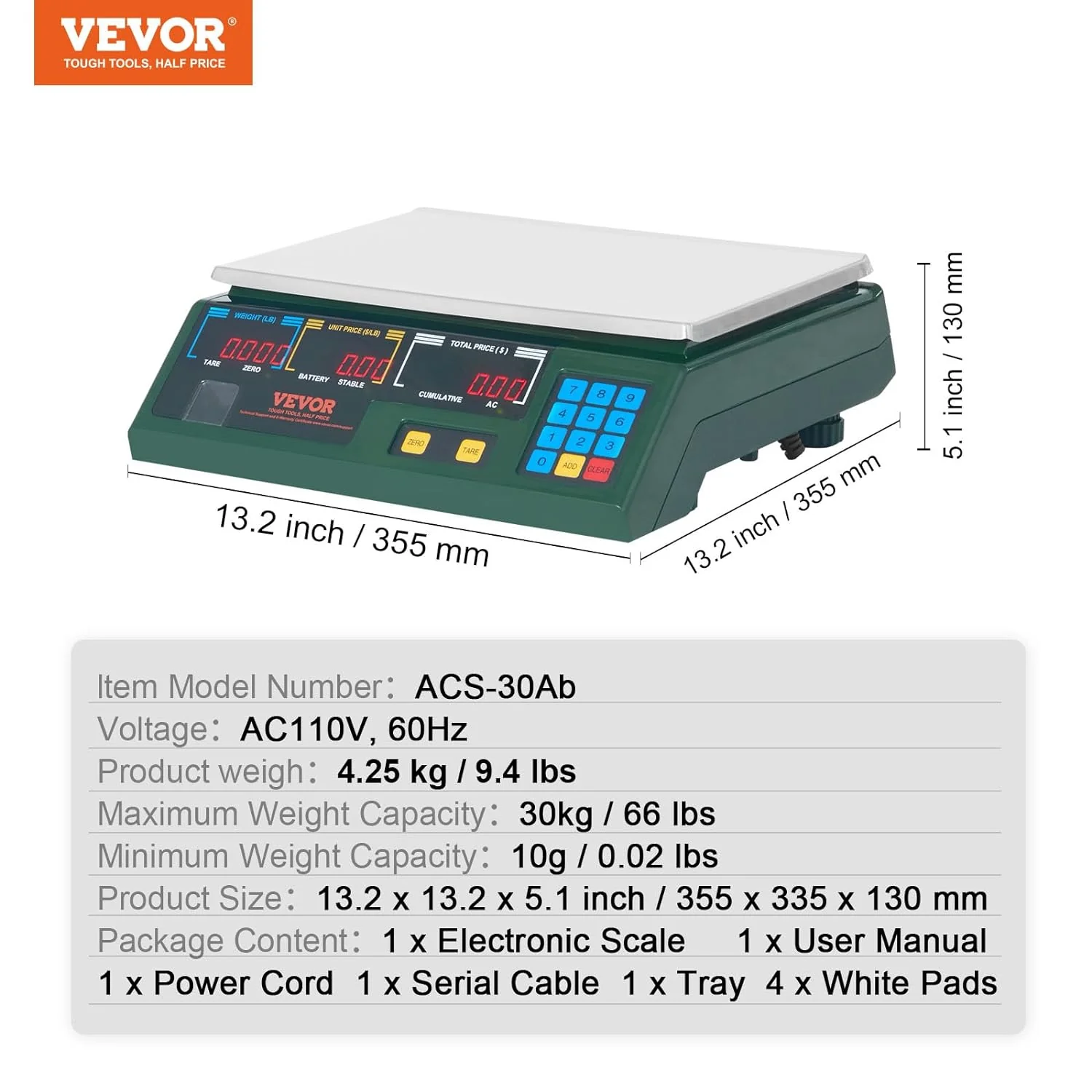 Electronic Price Computing Scale, 66 LB Digital Deli Weight Scales, LED Digital Commercial Food Fruit Meat Produce Counting Weight, for Retail Outlet Store, Kitchen, Restaurant Market, Farmer