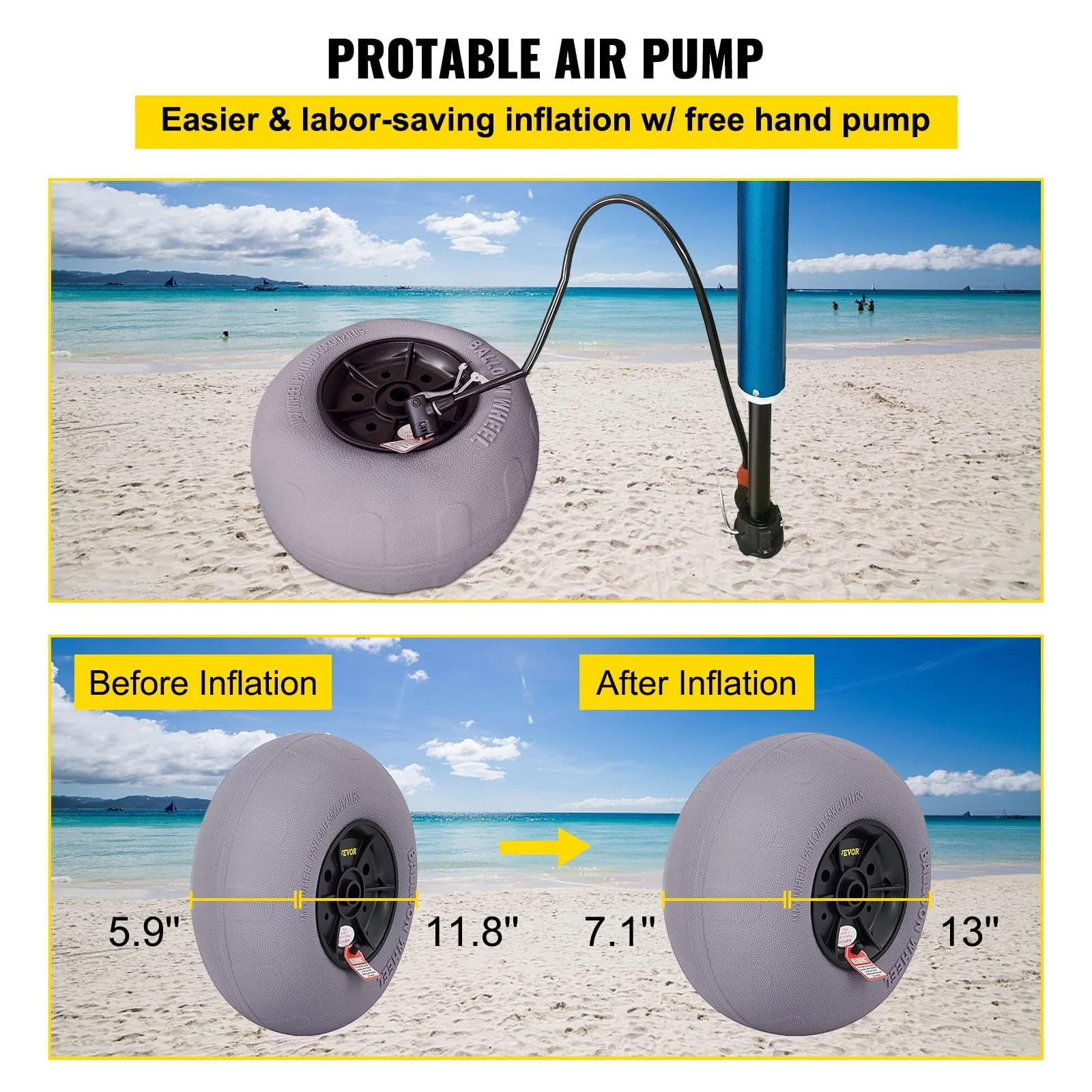 VEVOR Beach Balloon Wheels, 13" Replacement Sand Tires, TPU Cart Tires for Kayak Dolly, Canoe Cart and Buggy w/ Free Air Pump, 2-Pack - Image 6