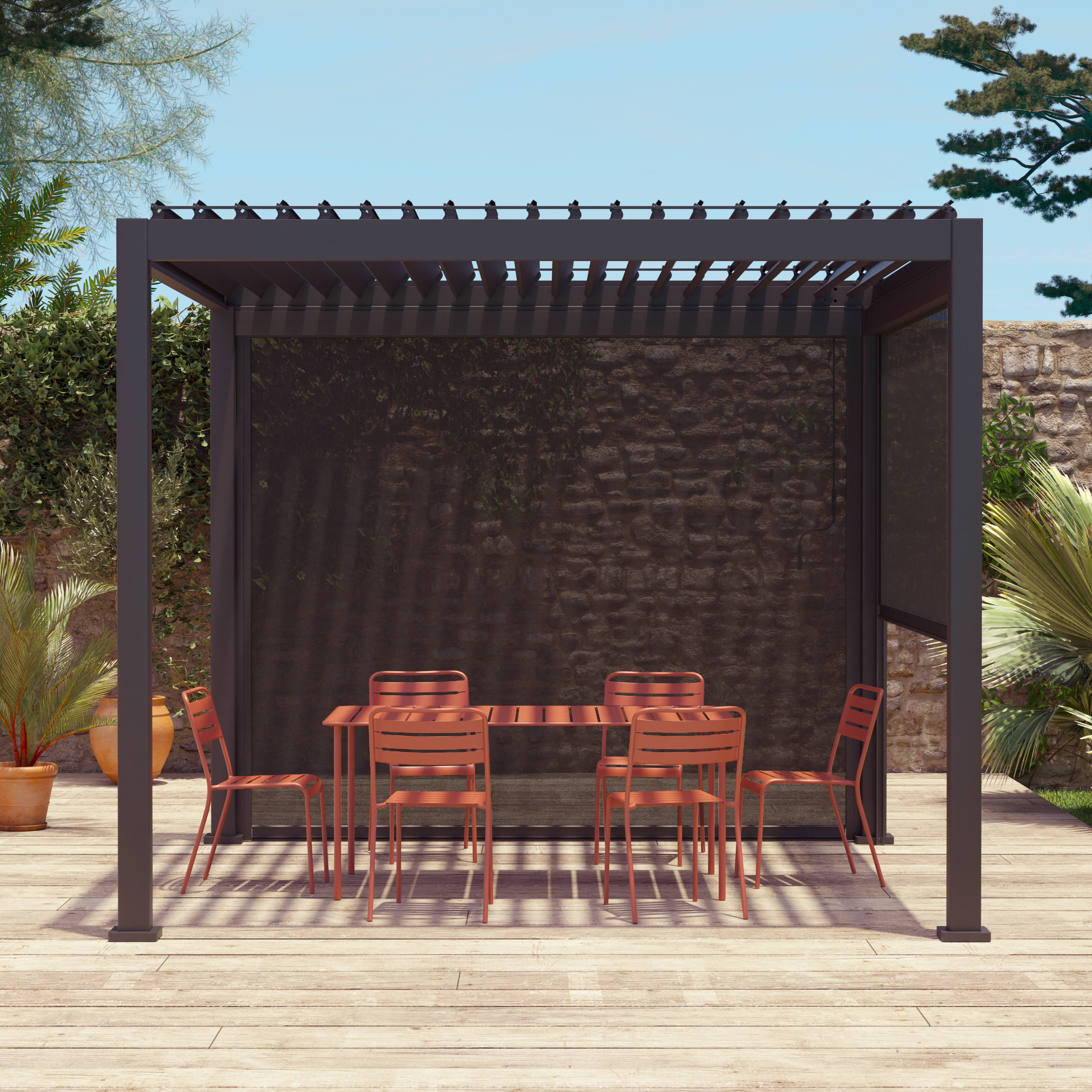 Triomphe 3x3m + accesorios - Pérgola bioclimática 3x3m V2 + 2 toldos verticales de 3m