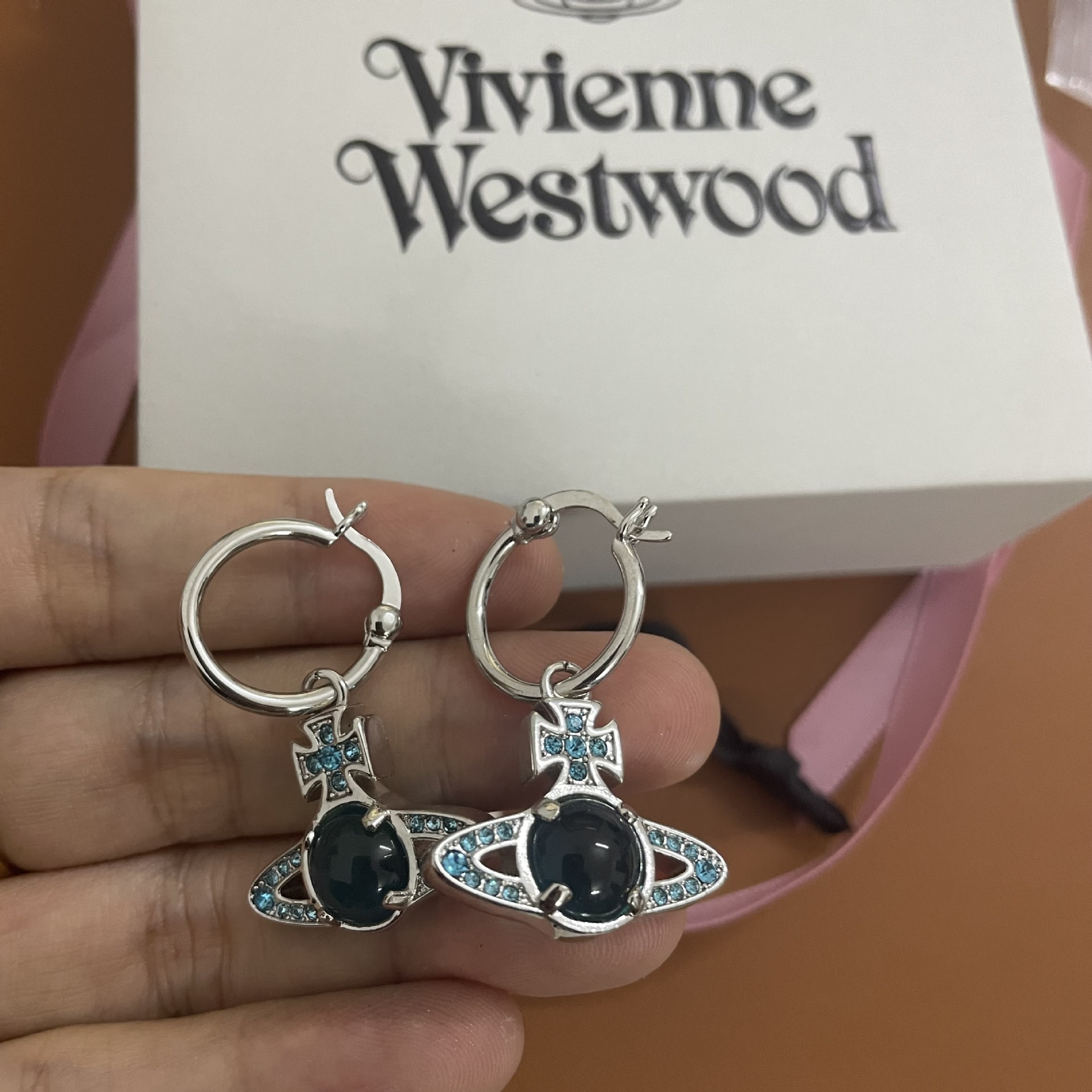 Vivienne Westwood Blue Green Lucky Bead Saturn Earrings - Original Replica Club