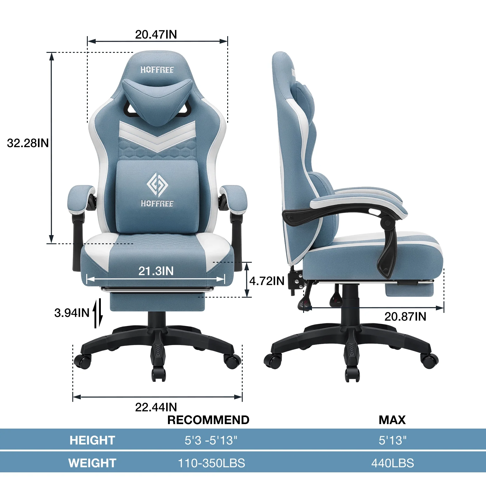 Hoffree Gaming Chair with Massage Fabric Office Chair with footrest for Adults, Ergonomic Gamer Chair with Headrest and Lumbar Support for Office Gaming, 440 LBS - Image 67