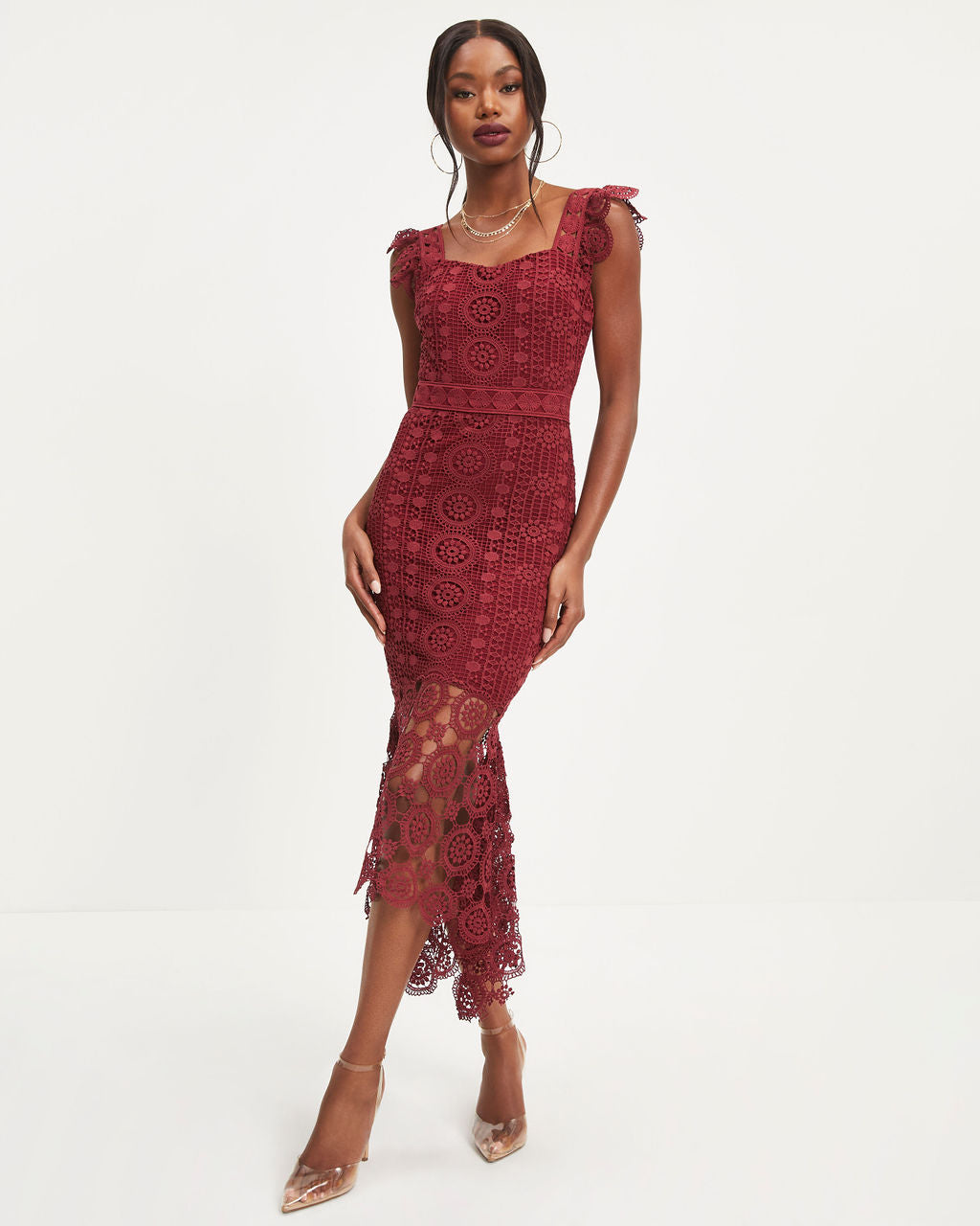 Dare To Be You Crochet Lace Ruffle Midi Dress - Wine - Se7enfashion